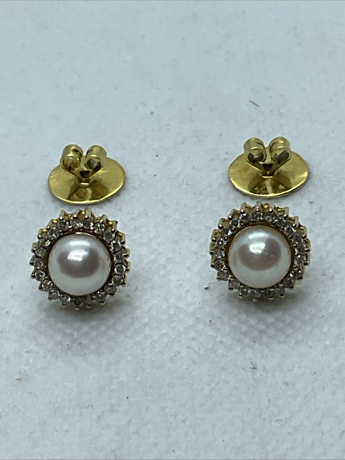 VINTAGE HANDMADE Solid 12K Yellow Gold Pearl & Diamond HALO Style STUD Earrings