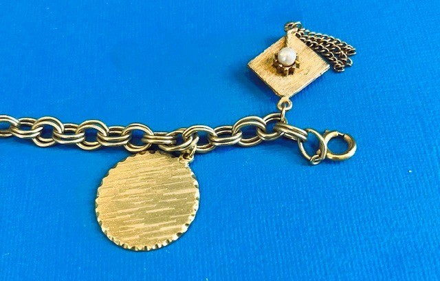 Vintage Starter Charm GraduationBracelet, Gold Tone Links Bangle with 2 Charms