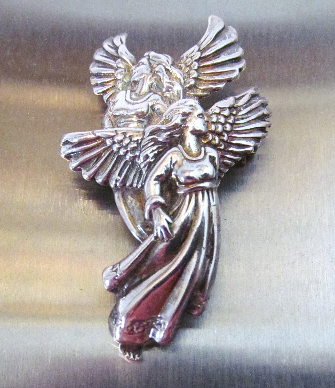 Vintage Shube Dimensional Angels Solid Sterling Silver Pendant Pin Brooch 2″long