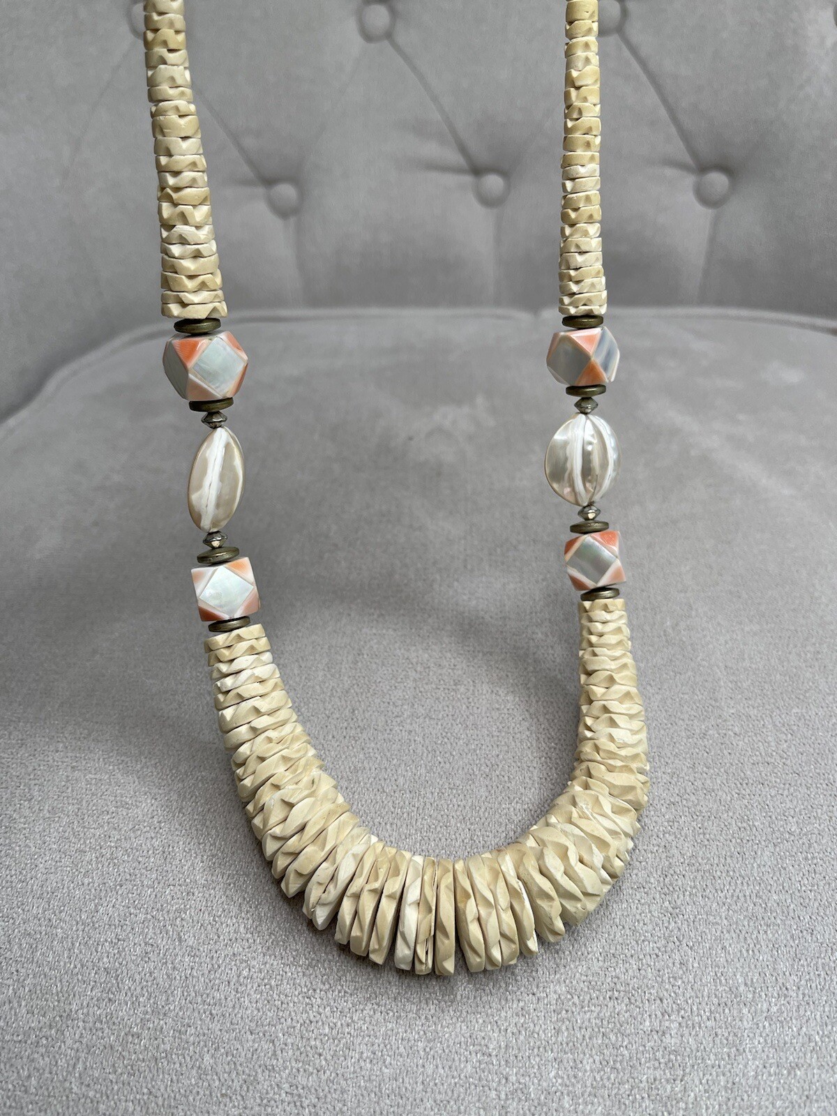 Vintage Mid Century Large Statement Necklace Chunky Boho Shell Hand Carved
