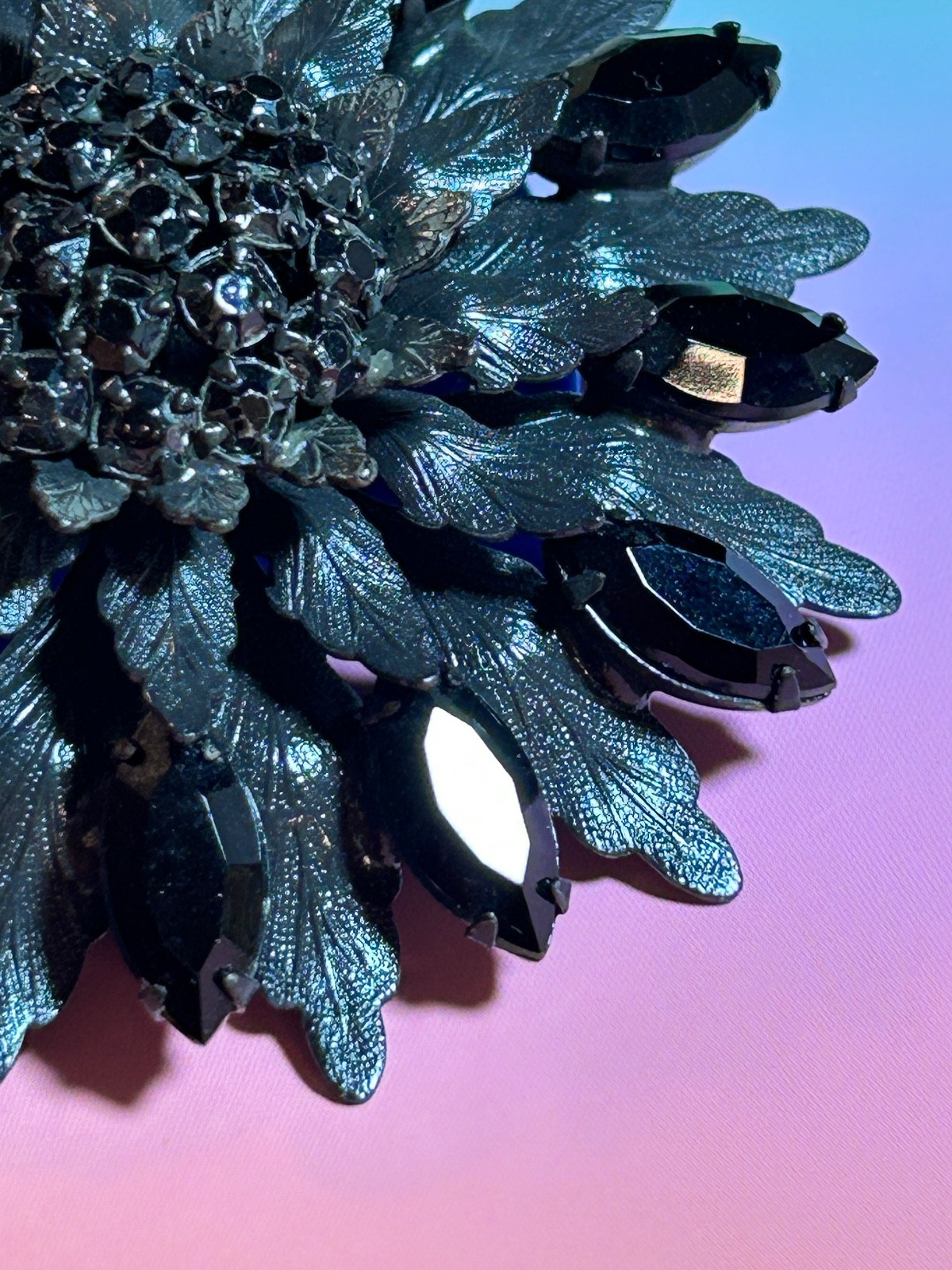 Vintage La Roco Large Rhinestone Flower Brooch Gunmetal Gray & Black 2.75”