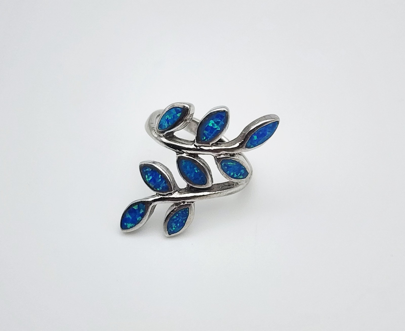 SI Sterling Silver Blue Fire Opal Inlay Branch & Leaf Bypass Ring Size 6.75
