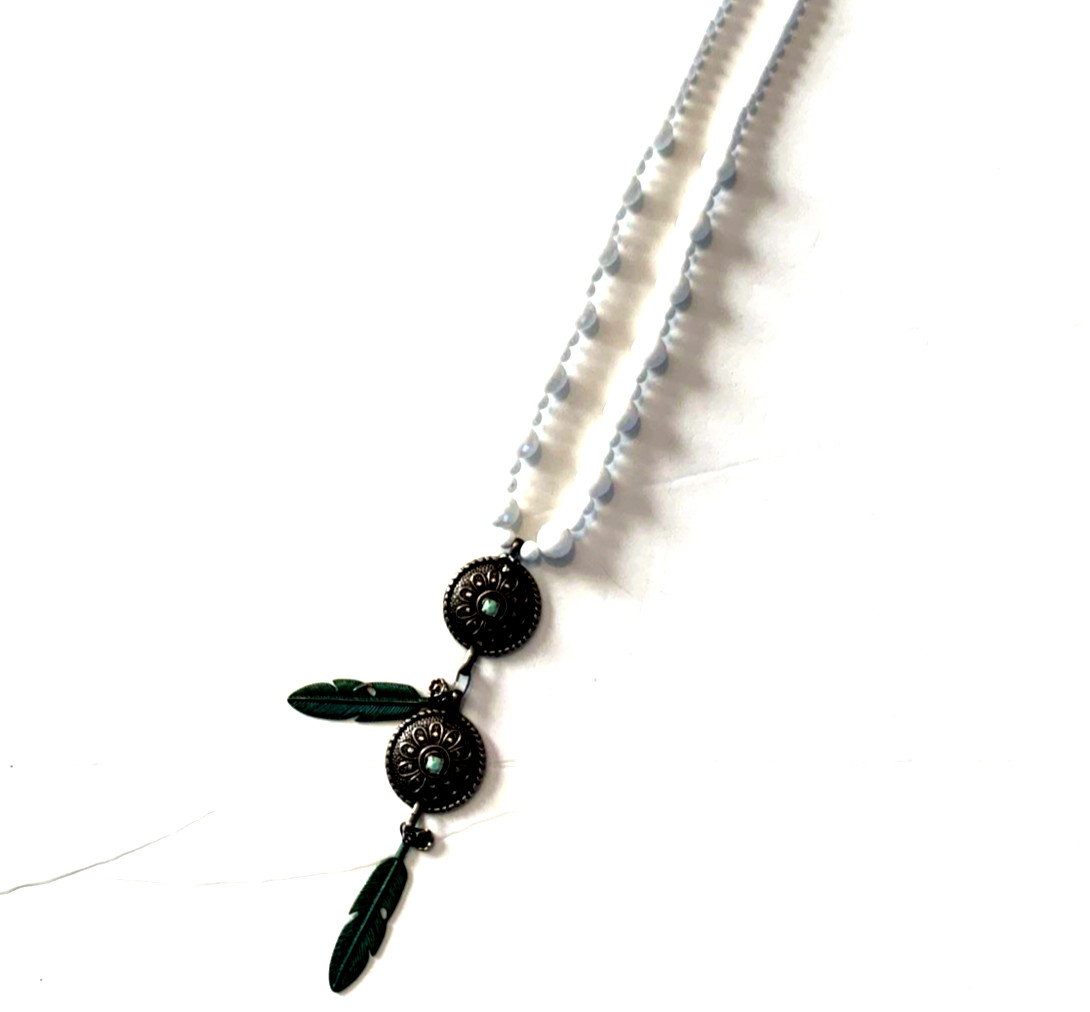 Vintage Southwestern Necklace Patina Feather Concho Talisman White Acrylic Boho