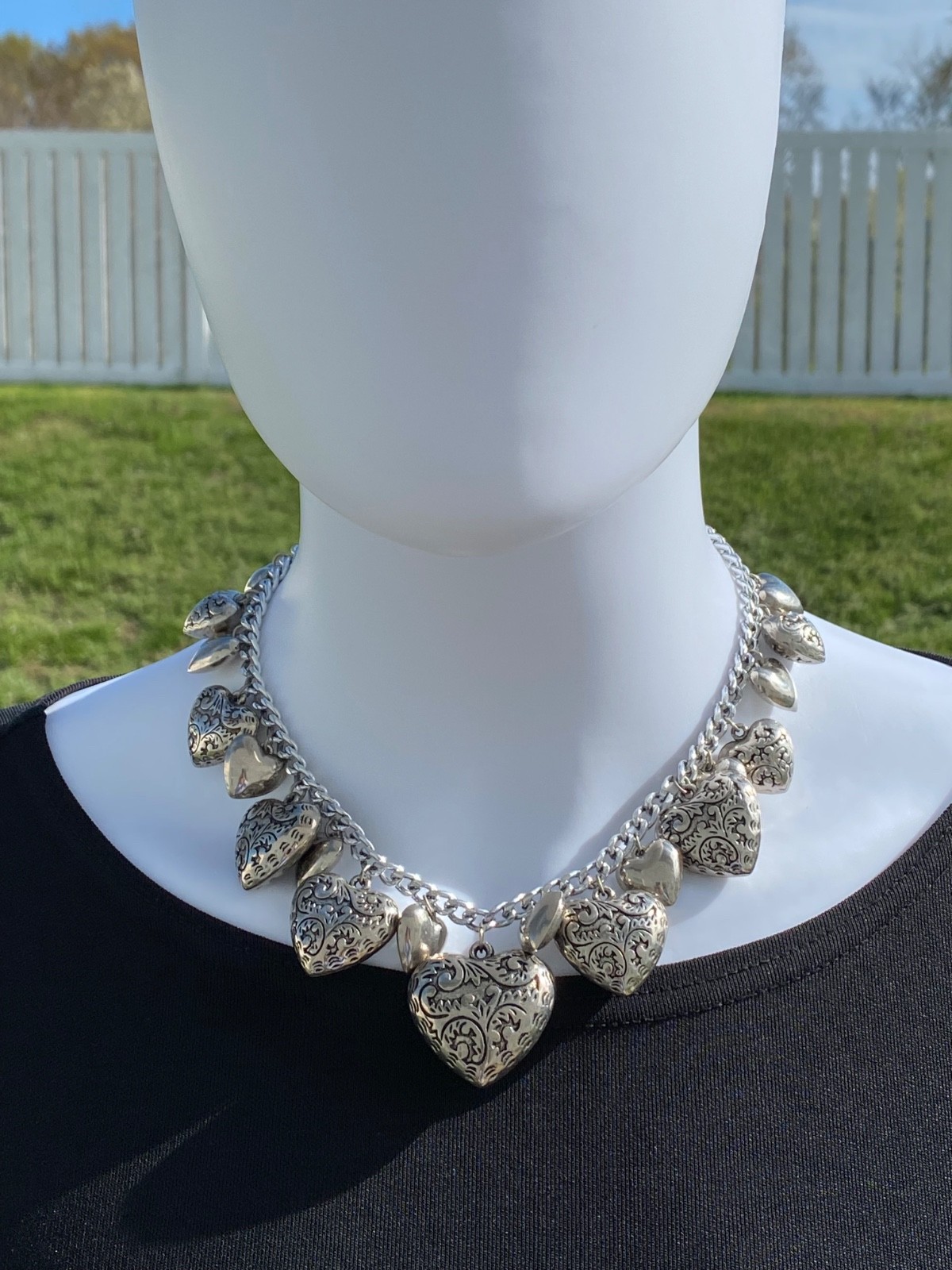 Necklace Chain Victorian Hearts Silver Tone Vintage
