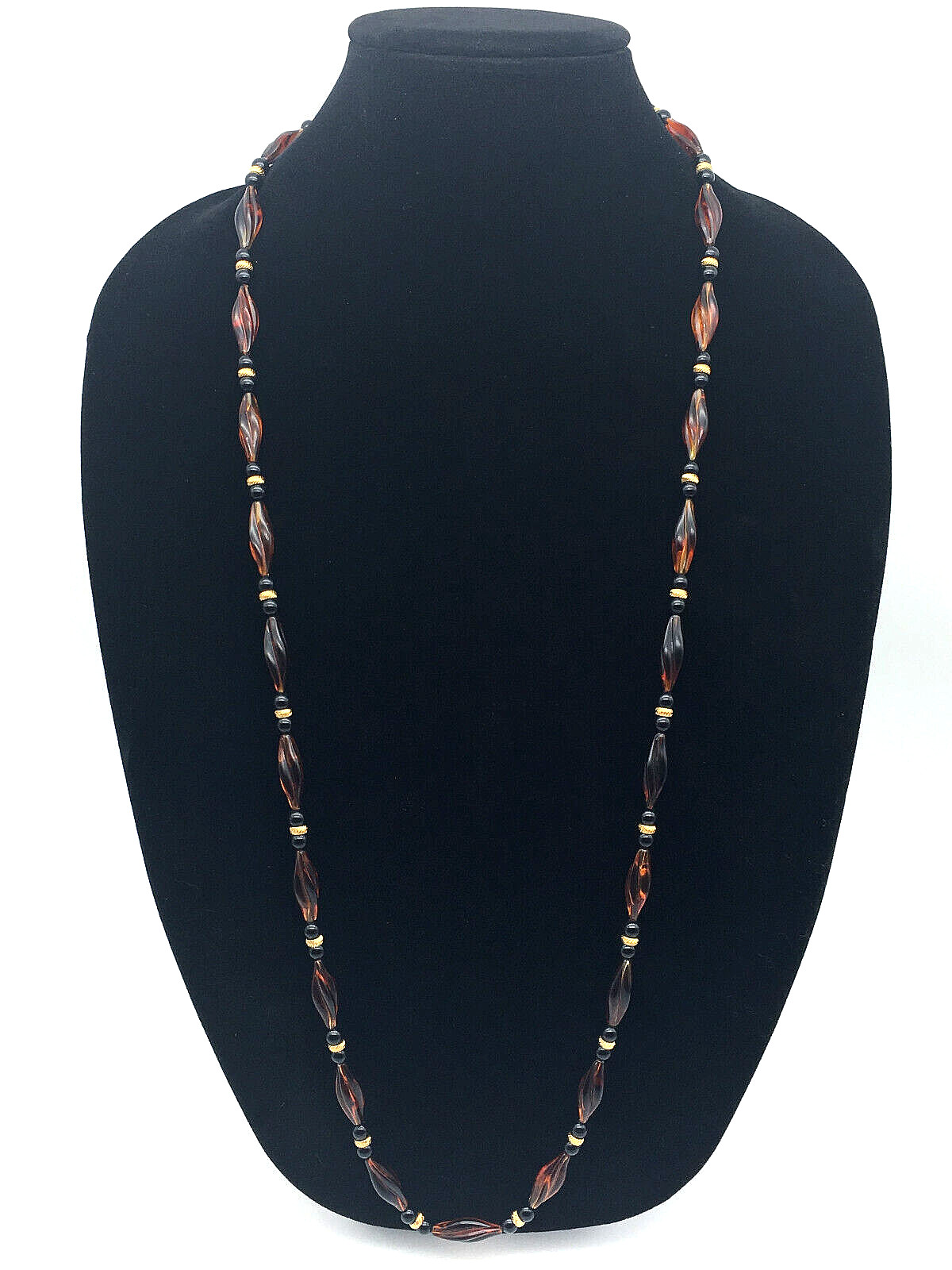 Vintage Honey Amber Twisted/Black Onyx Beads 14K Gold Fill Spacers 38″ Necklace