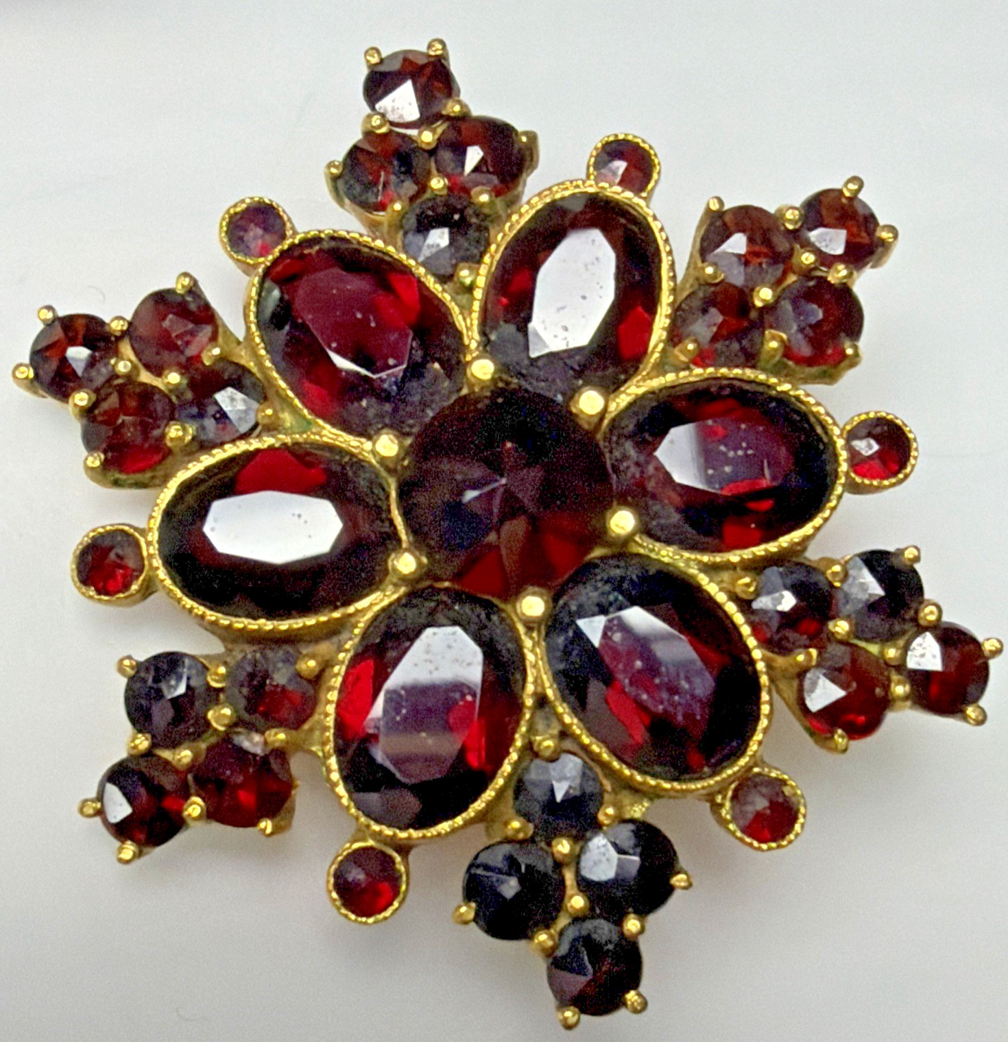 Victorian Red Garnet Star Snowflake Cluster Germany Brooch Pin Screw Earrings