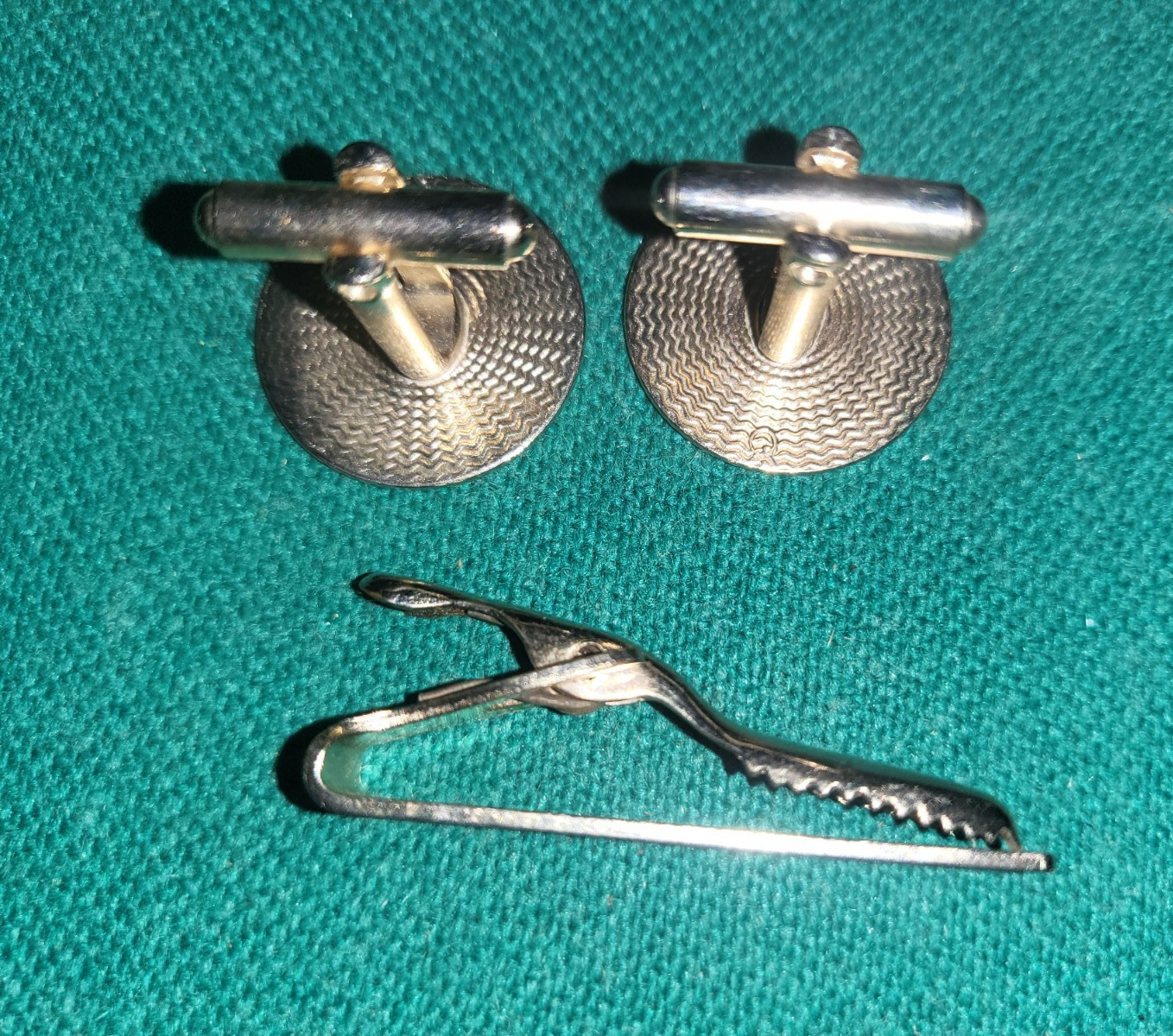 Vintage 1970s Mr Tara Silver Plate Hand Polished Cuff Links & Tie Clip Set w/Box
