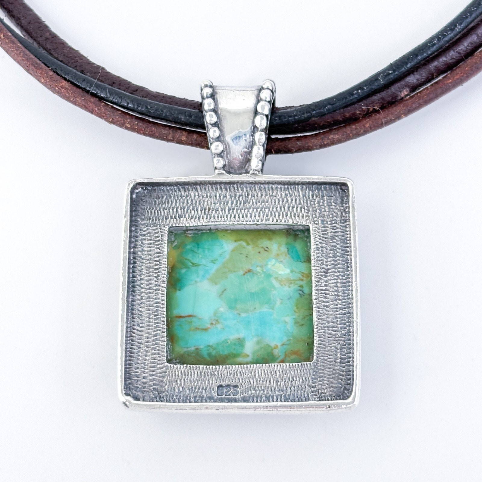Vintage Sterling Silver Leather Cord Composite Turquoise Pendant Necklace 15.5″