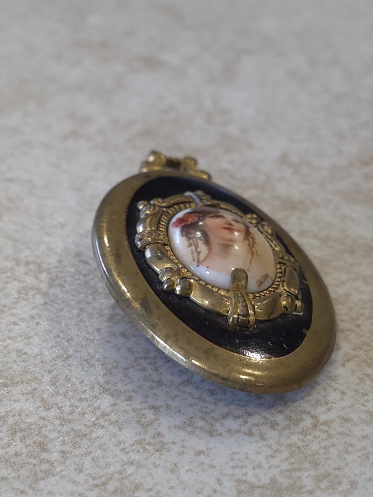 Antique Portrait Art Nouveau Victorian Women Converted Brooch Pin Brass Enamel
