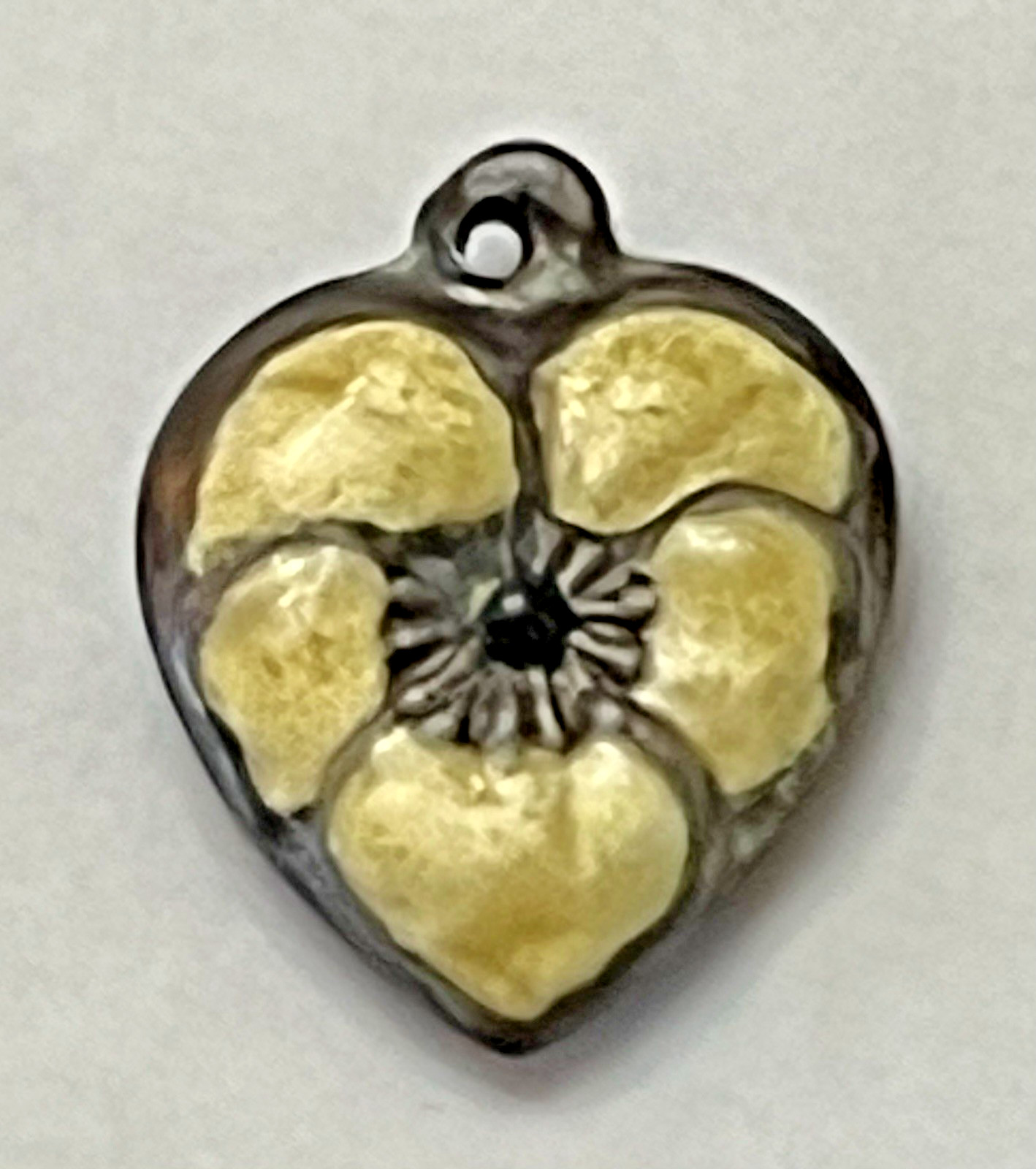 Sterling Silver Heart Flower Charm Puffy Enamel Pansy 925 Vintage Stamped Yellow