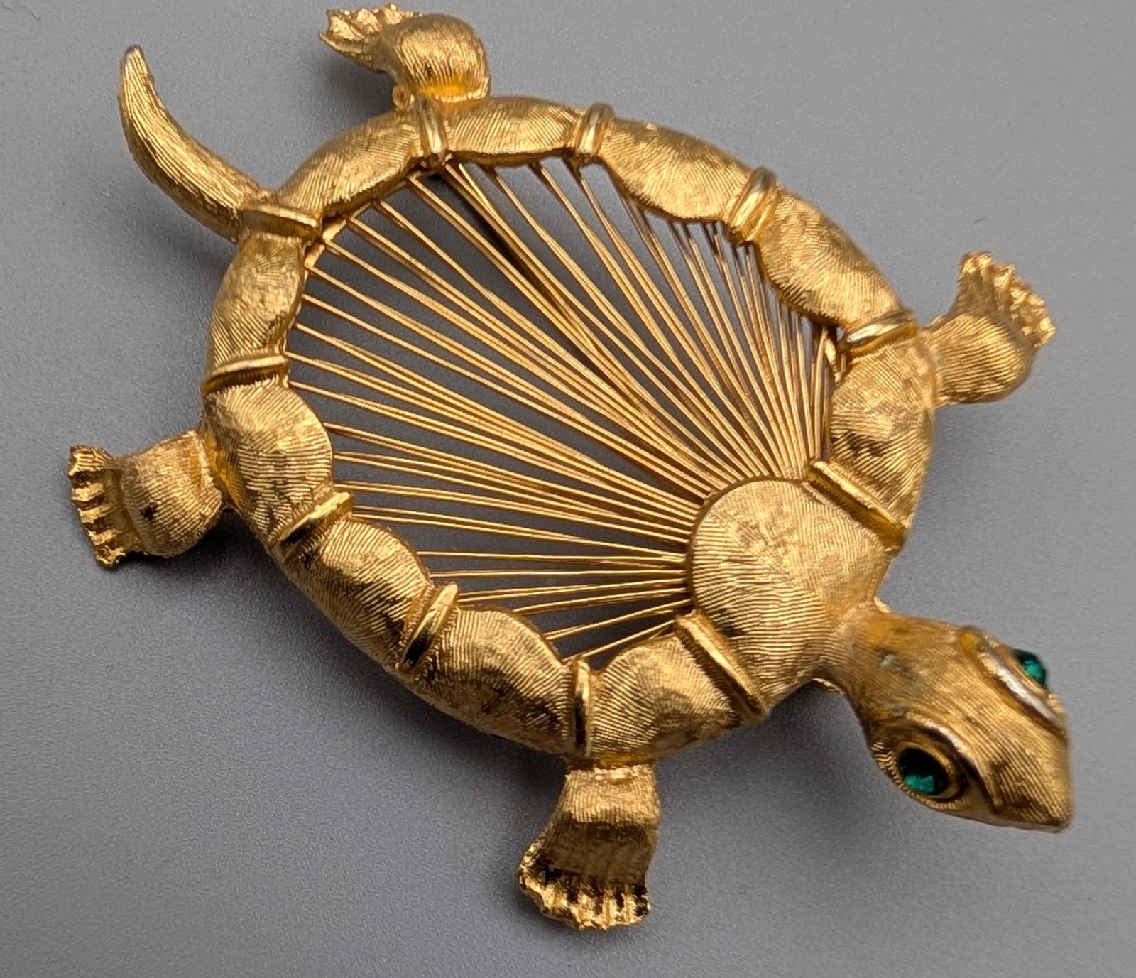 Vintage Monet Turtle Brooch Gold Tone Openwork Shell Green Rhinestone Eyes