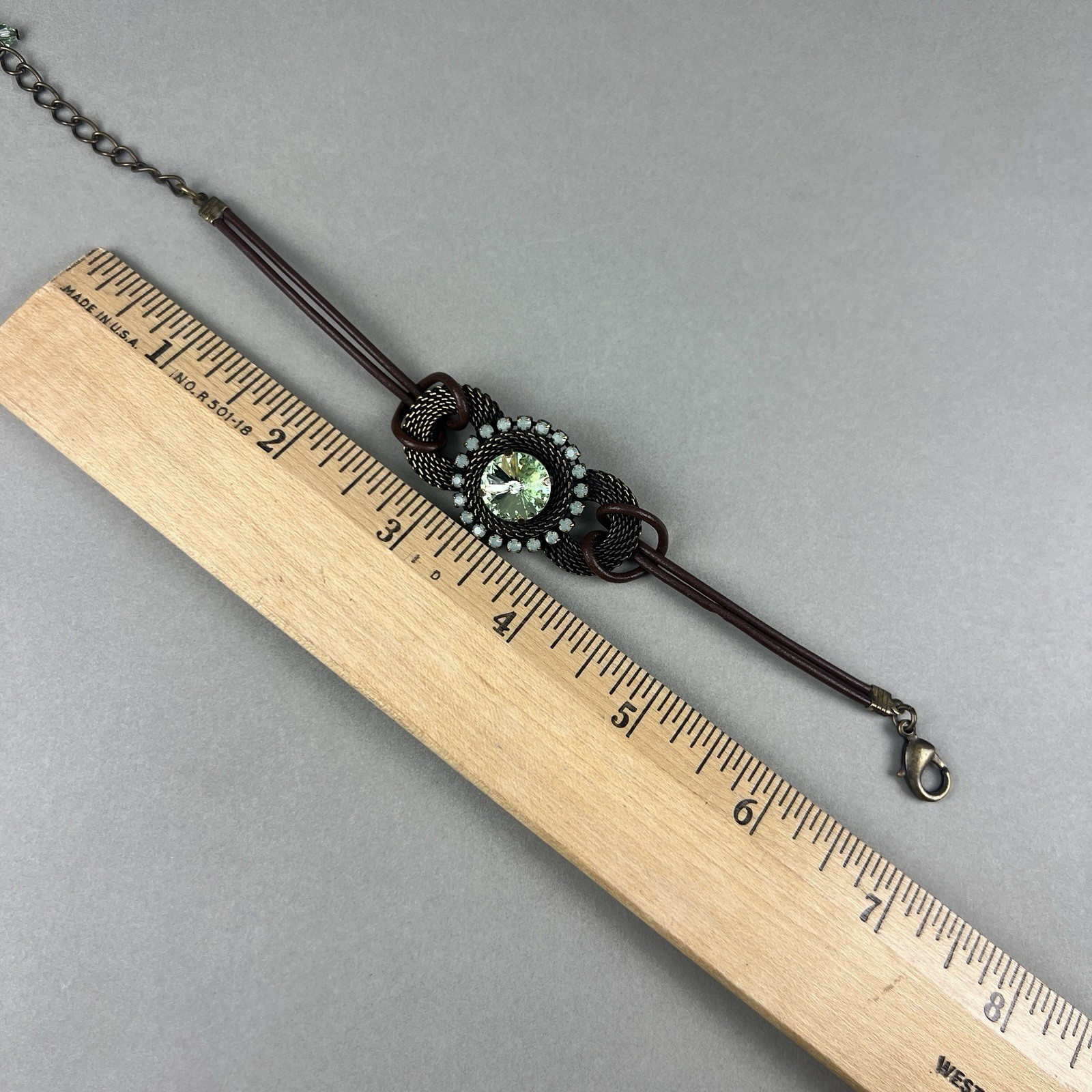 Vintage Van Galz Bracelet Leather Green Rivoli Rhinestone q3z