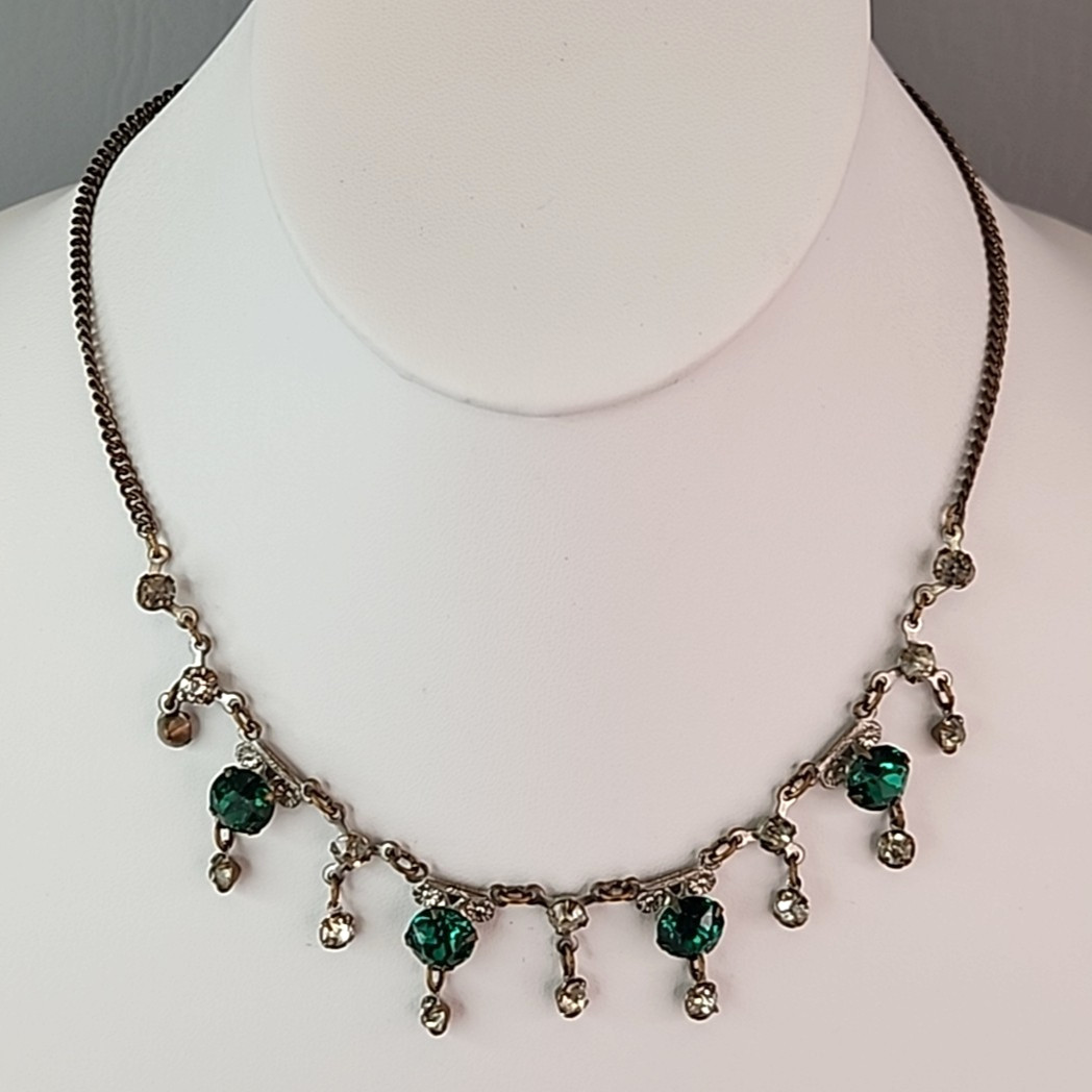 Vintage Rhinestone Necklace Festoon Green Glass Drops Multi-tone 16″ 1940s