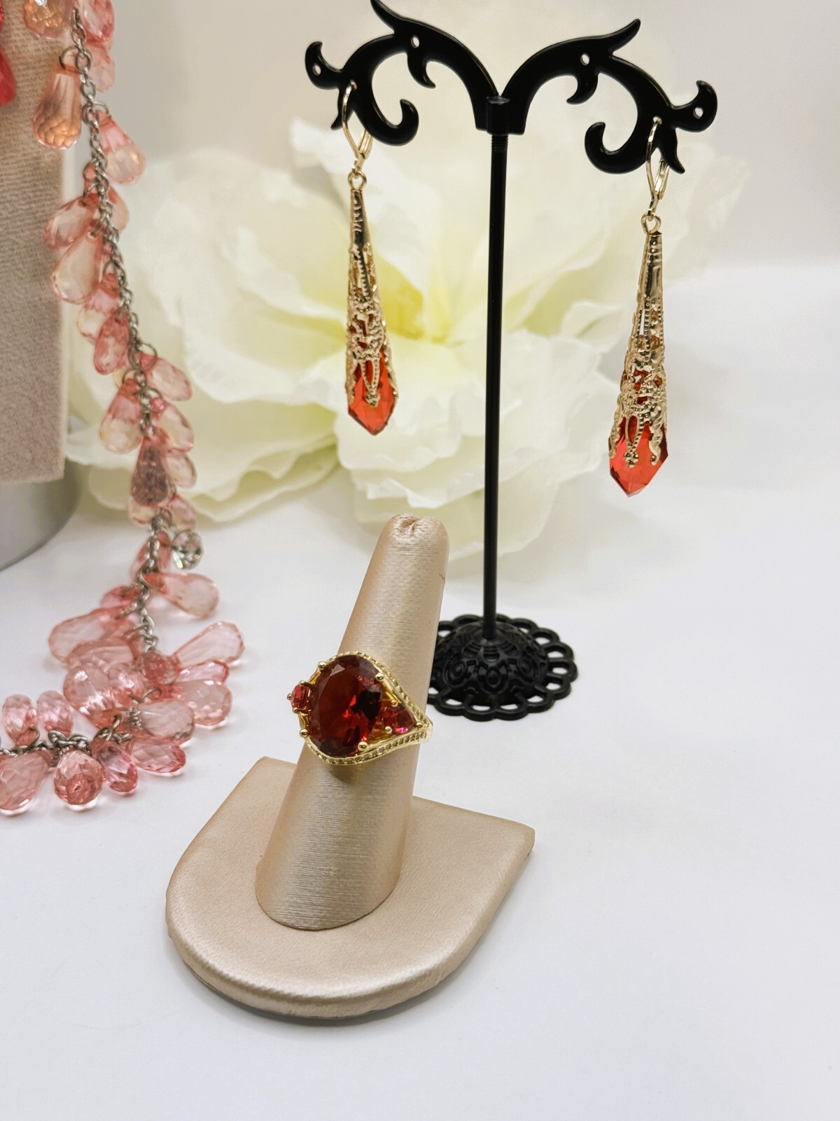 Beautiful Pink Lot 42″ & 20″ Crystal Necklaces Stunning Earrings + Gorgeous Ring