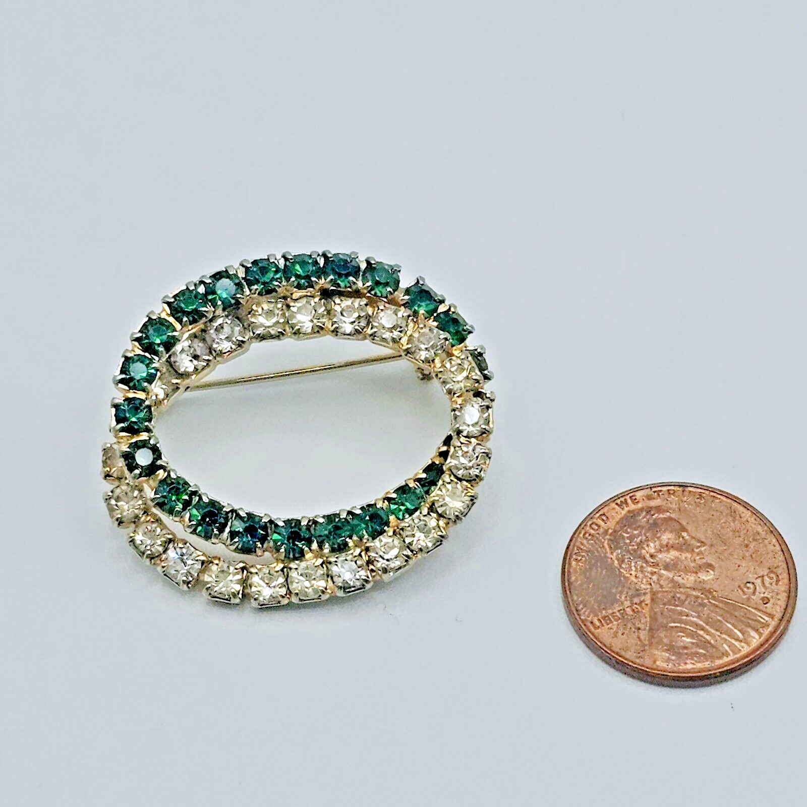 Emerald Green Brooch Vintage Open Double Oval Crystal May Statement Jewelry Pin