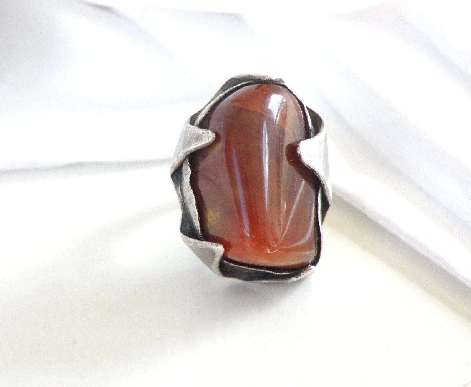 Vintage Sterling Silver 925 Banded Agate Brutalist Modernist Statement Ring 7