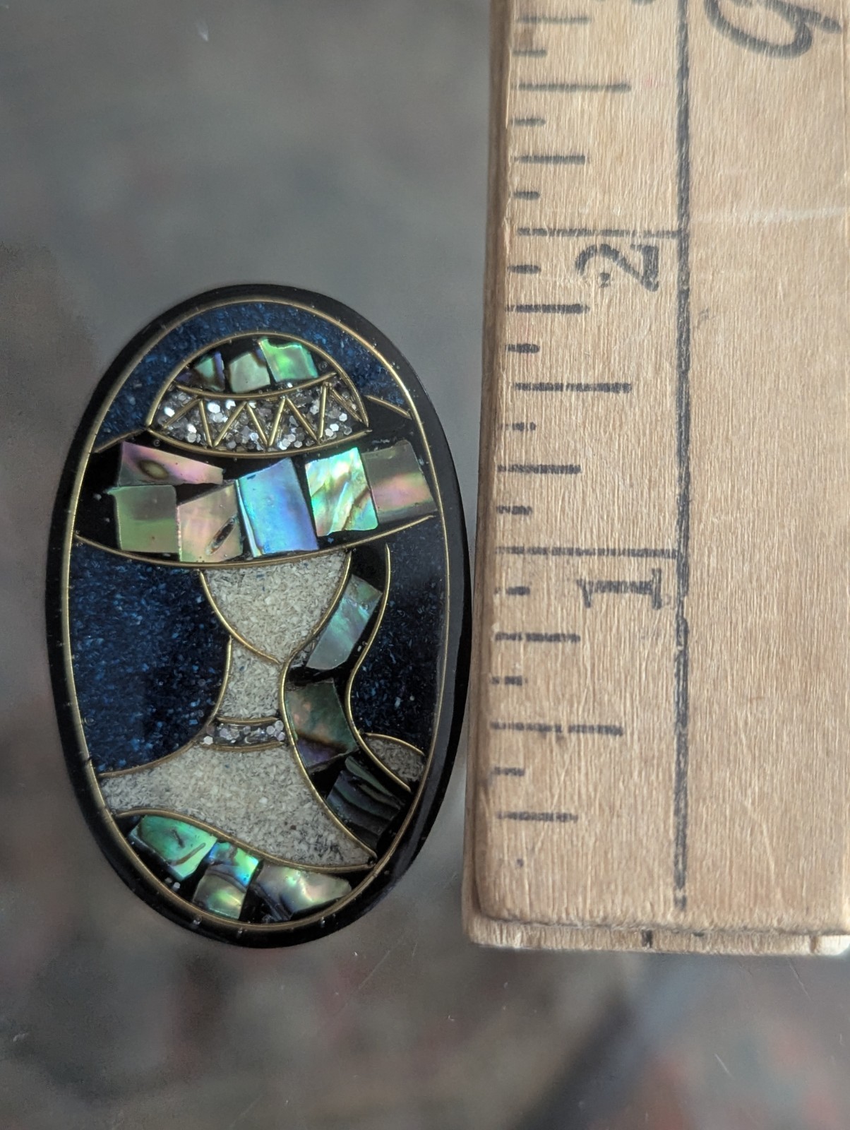 Vintage Mosaic Inlay Brooch Lee Sands Style Lady Hat Oval Abalone Paua Art Deco