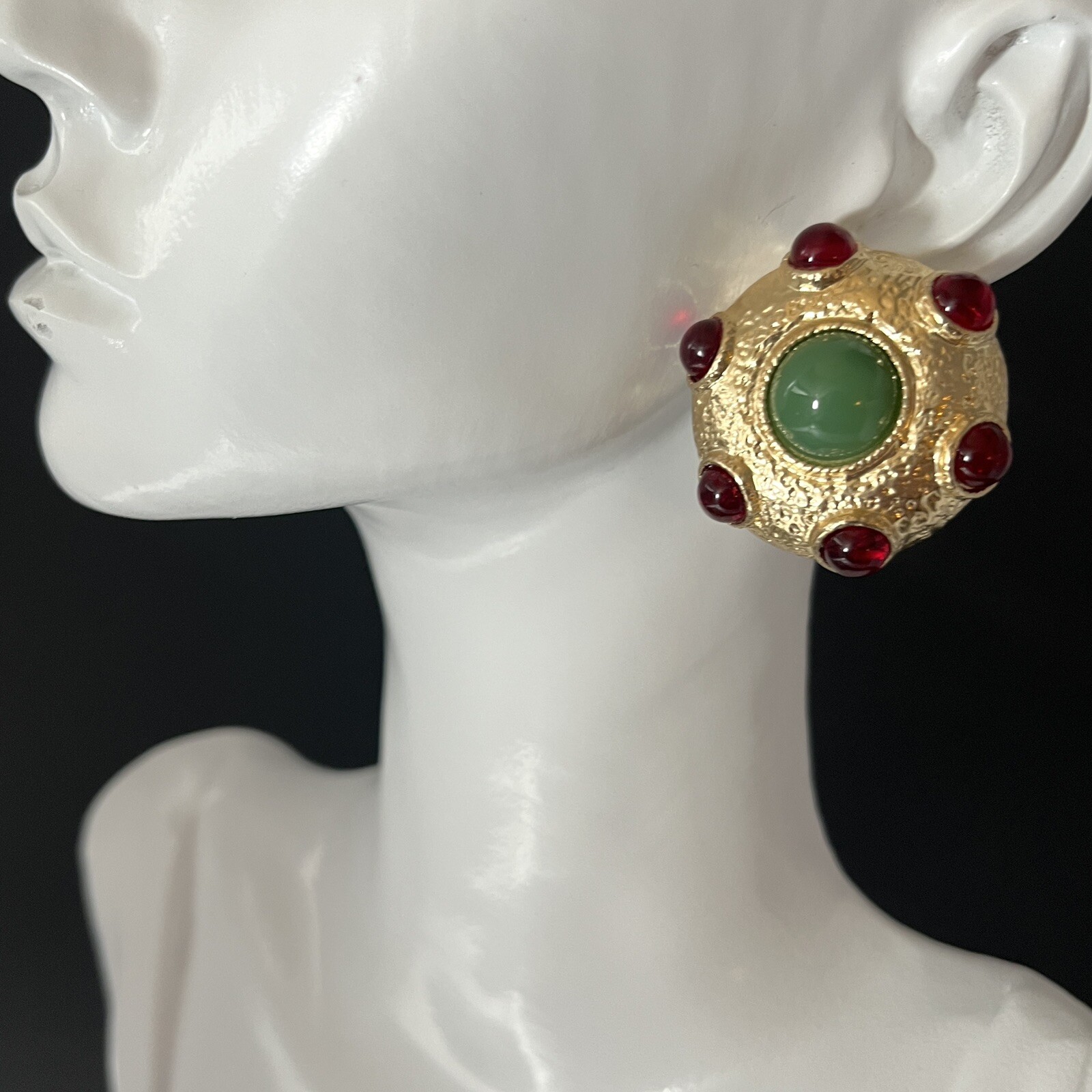 Etruscan Gripoix Glass Earrings Red Green Mogul Gold Dome Pierced Designer Style