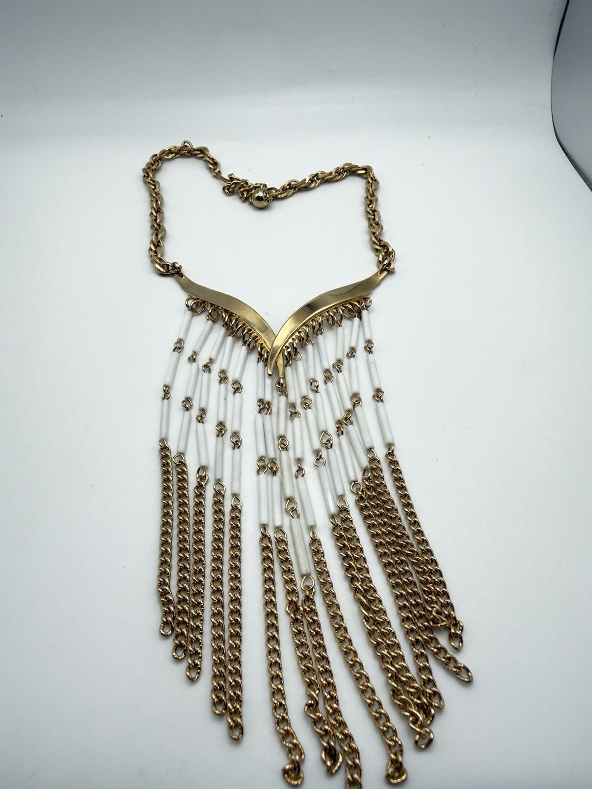 Vintage Beaded Waterfall Fringe Statement Bib Necklace Gold Tone
