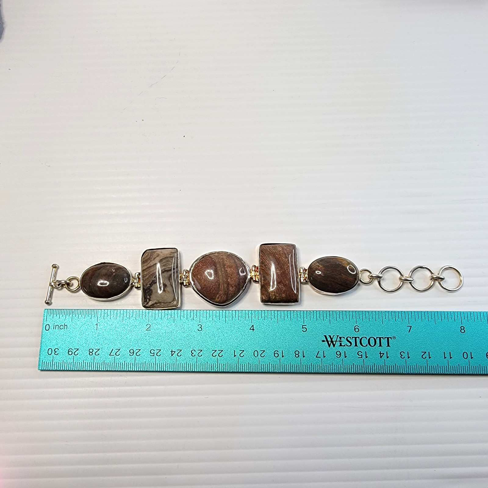 Artisan Silver Tone Bloodstone Bracelet 7.5″ 5-Station Fancy Jasper Earth Tone
