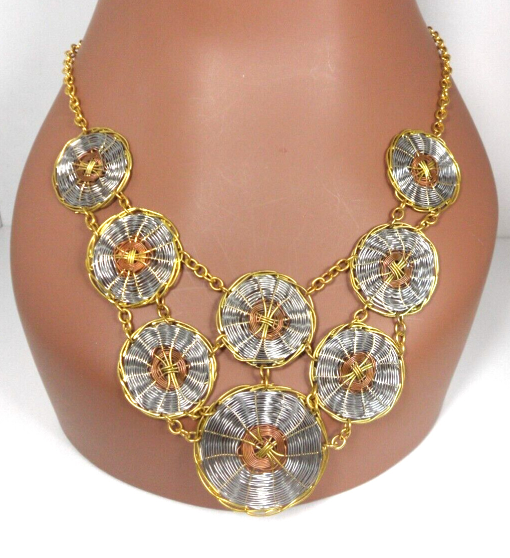 Ethnic Bib Necklace Woven Wire Discs Multi Mixed Metal Copper Shields Medallions