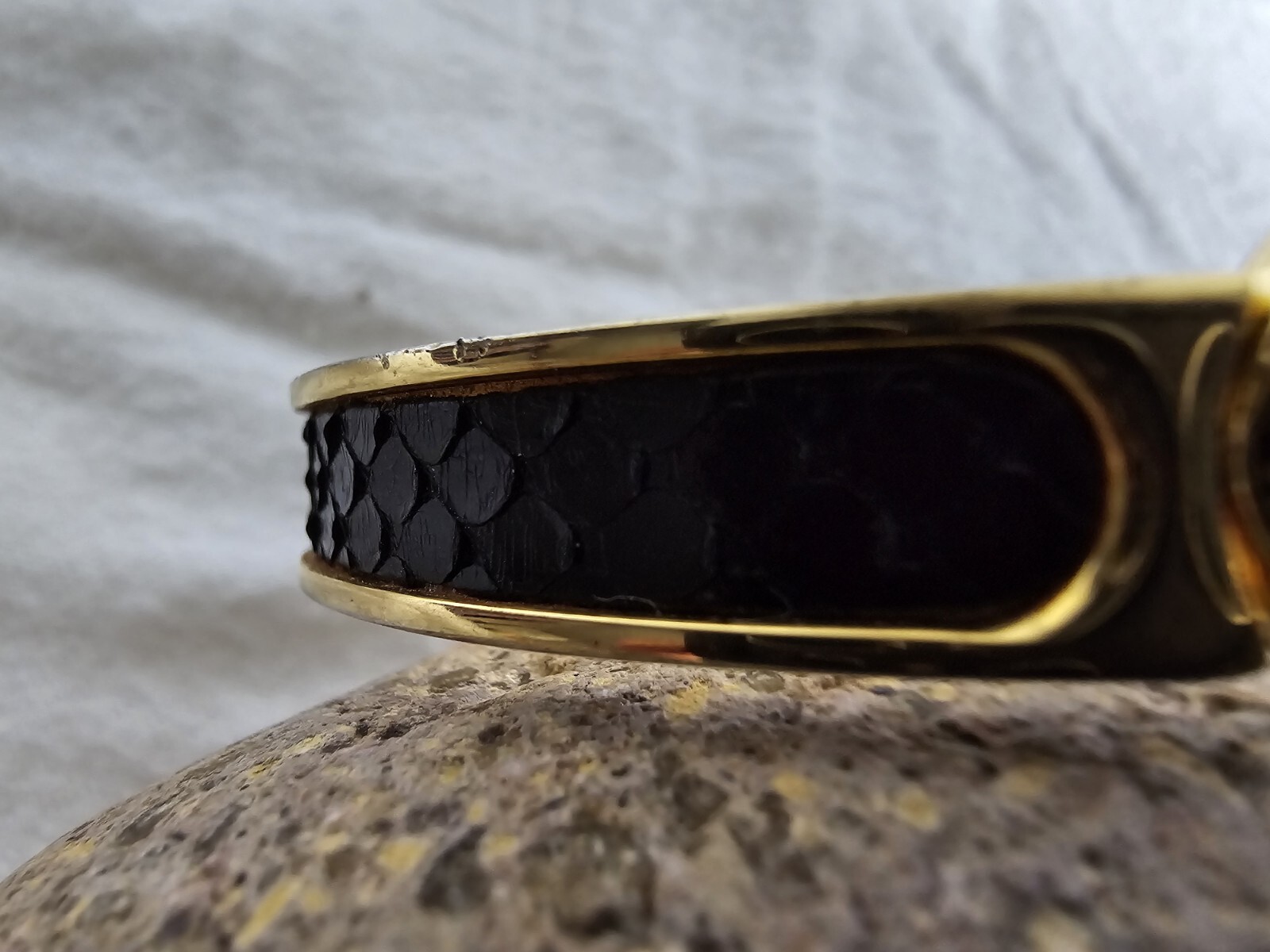 Goldtone Rhinestone Black Faux Leather Hinged Bracelet Oval Shaped 2.5″ x 2″