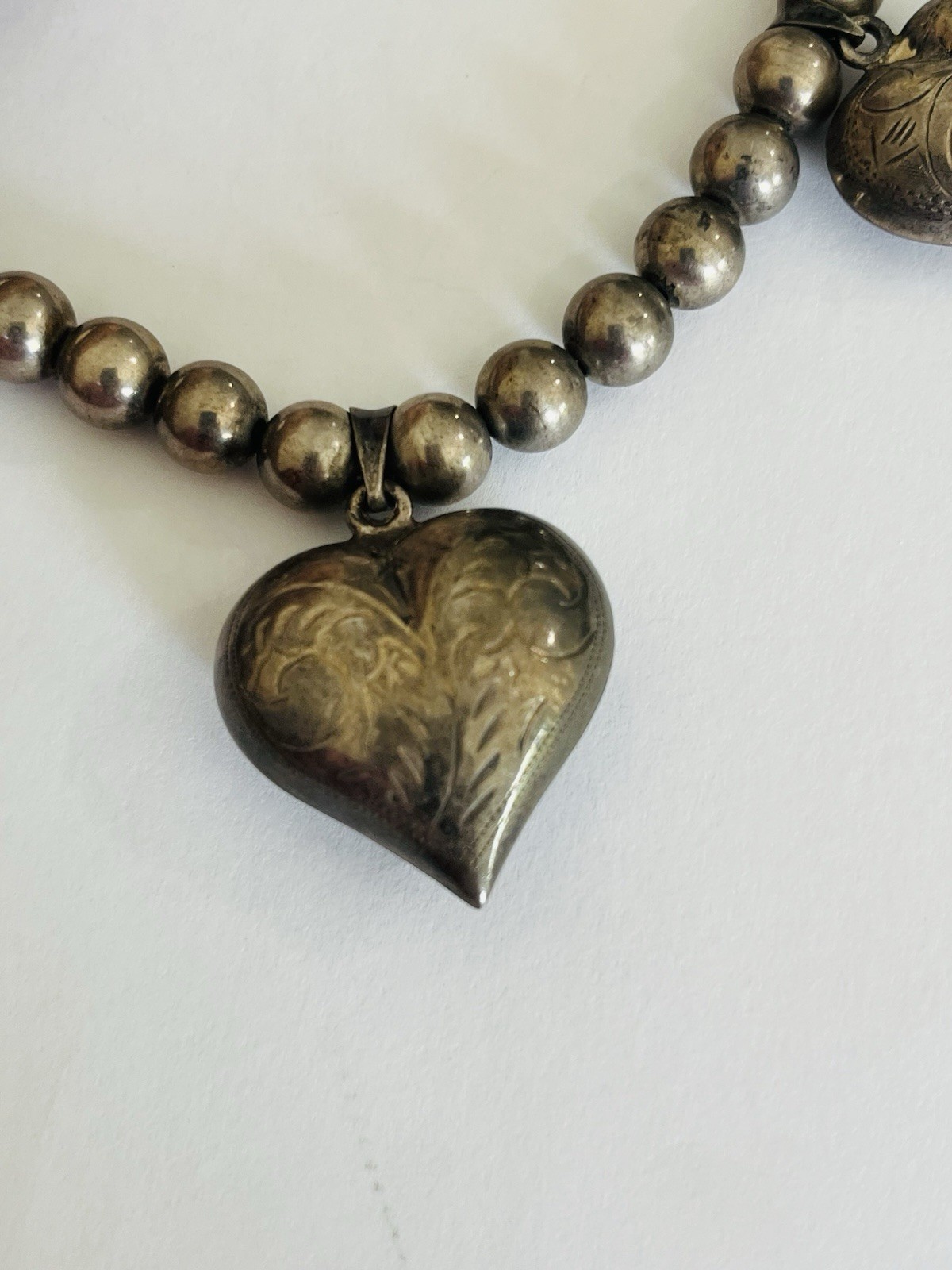 Vintage Sterling Silver Heart Charms Pendant 8MM Ball Bead Necklace 41-Grams