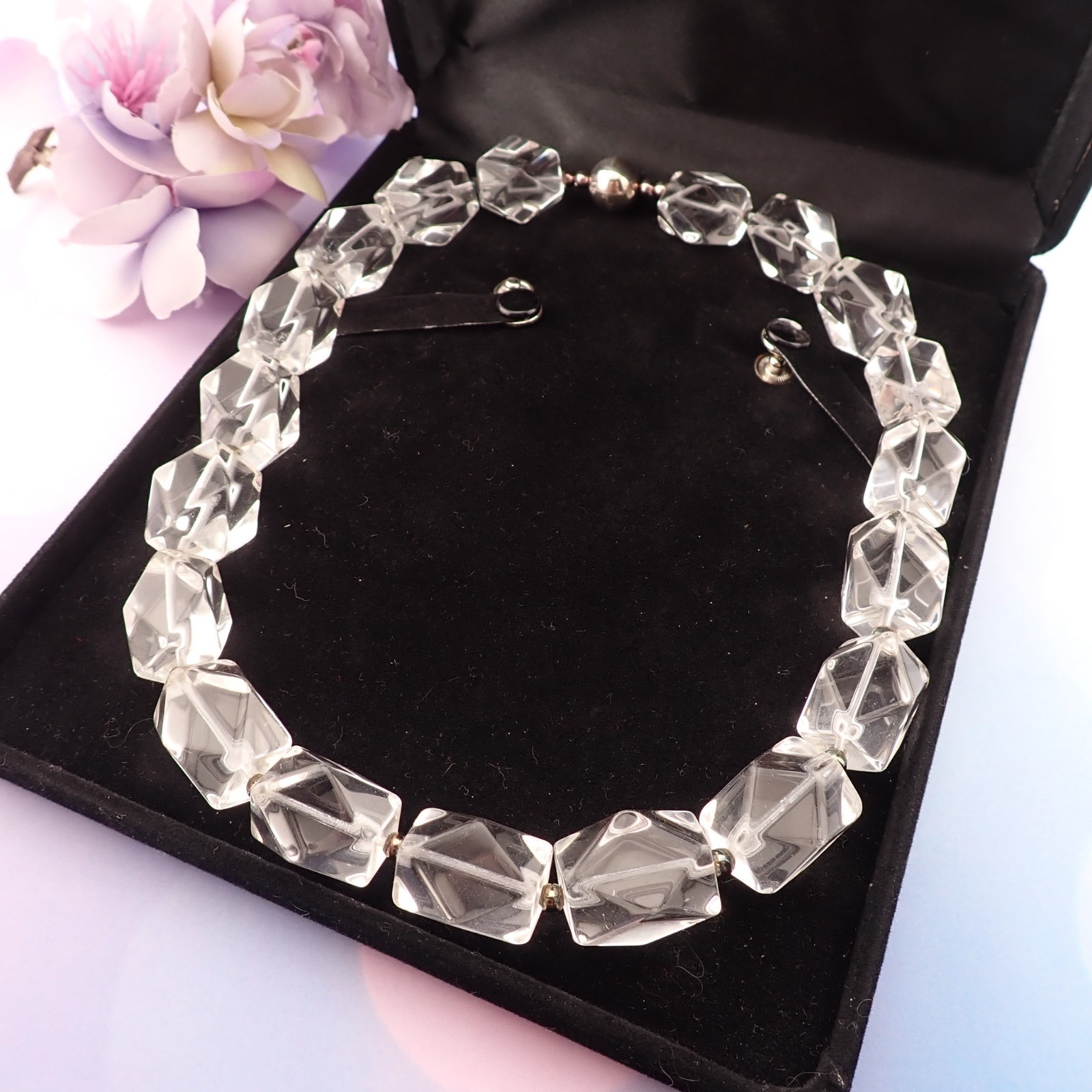 Chunky Ice Glass Faceted Bead Sterling Silver Magnetic Clasp 18″ Necklace by PV