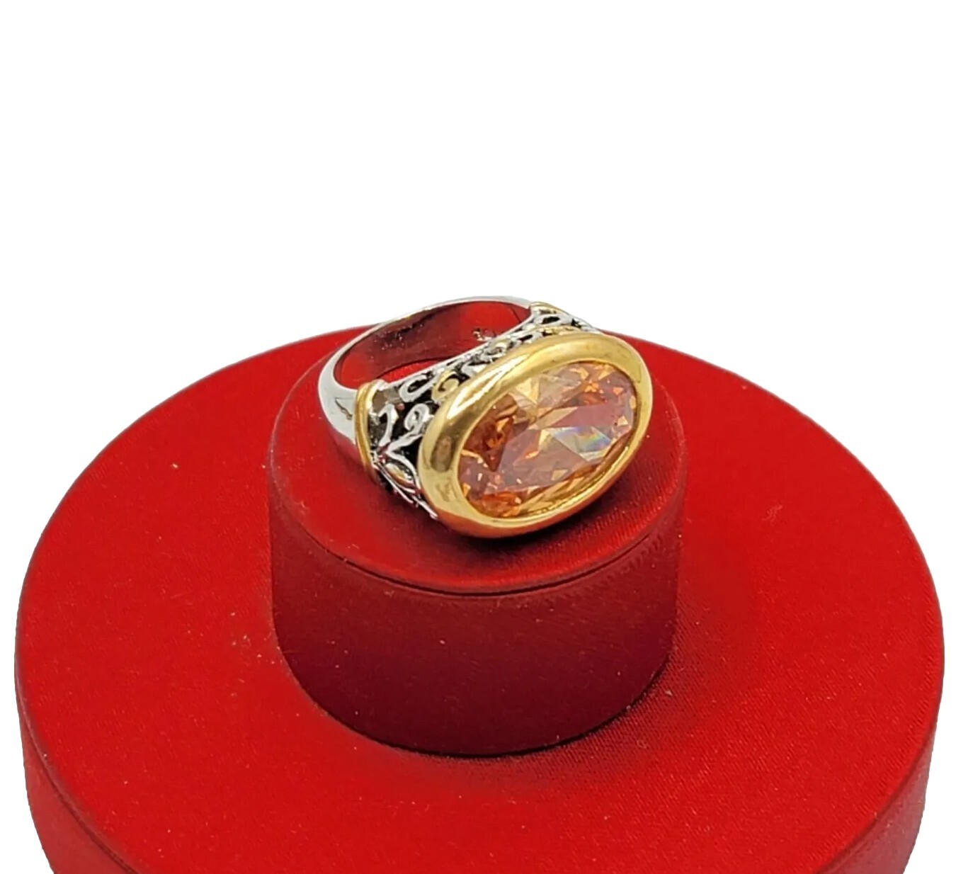 Vtg Sz 7 Ring Lg Citrine Topaz Cubic Zirconia 18KGE Scrolls Medieval Jewelry