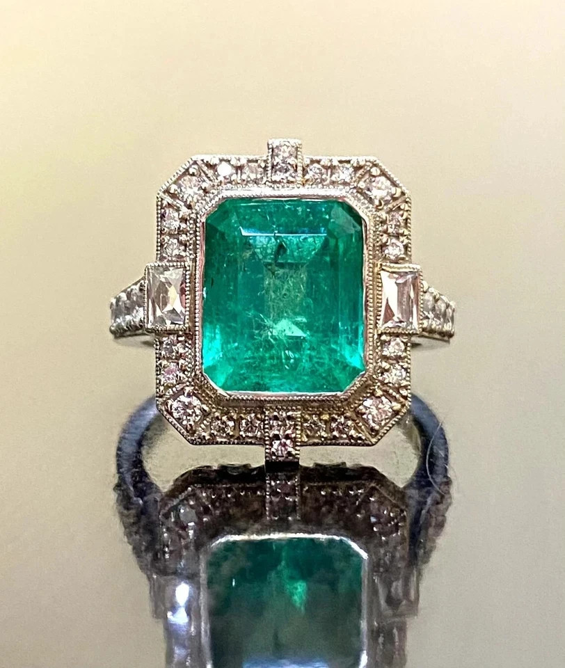 Vintage Art Deco Colombian Emerald Lab Diamond Engagement 14K White Gold FN Ring
