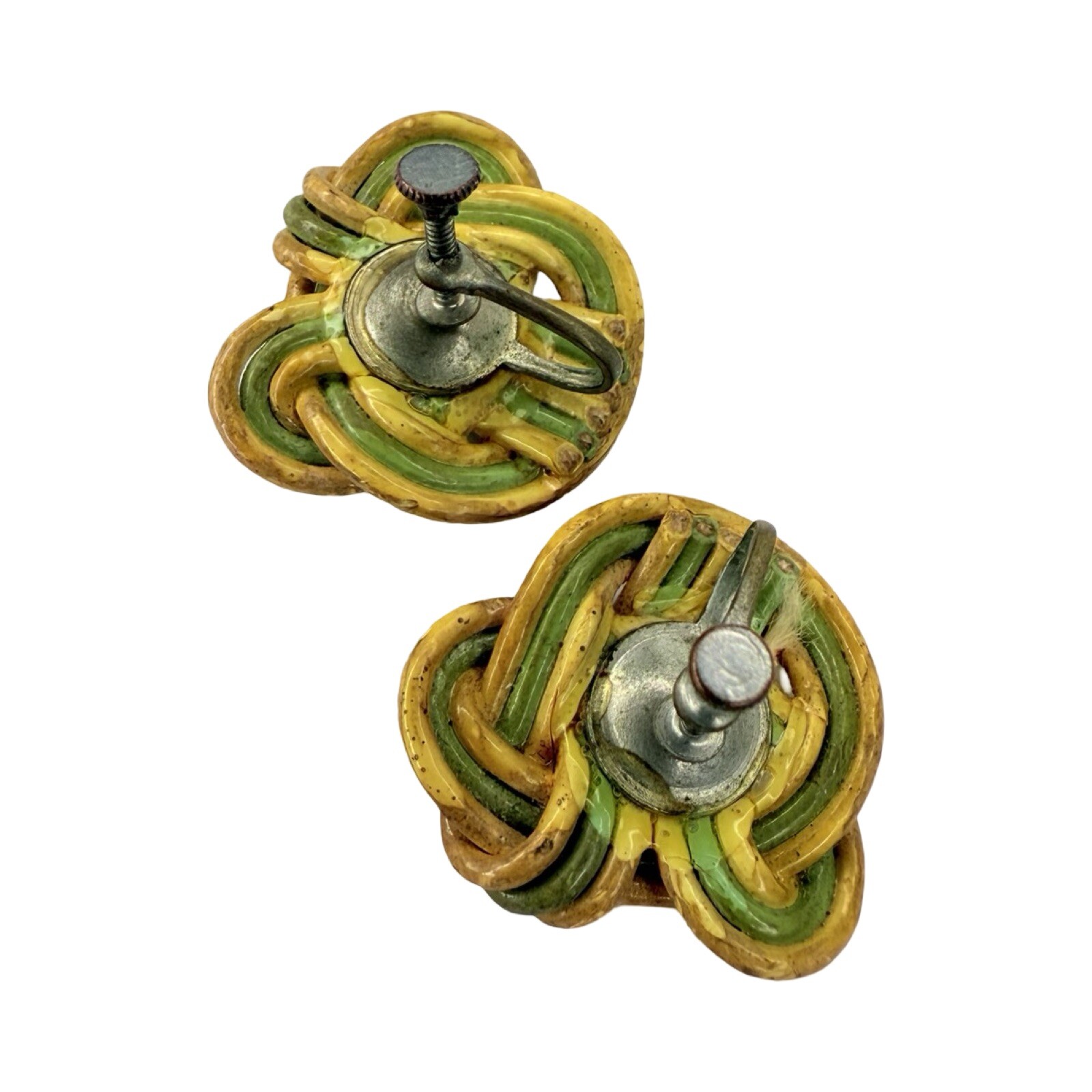 Green And Tan Wicker Knot Screw Back Earring Retro Boho Chic