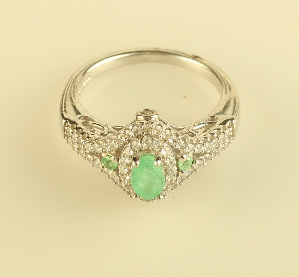 Vintage Sterling Silver Emerald & Crystal CZ Stone Halo Ring signed D’Joy