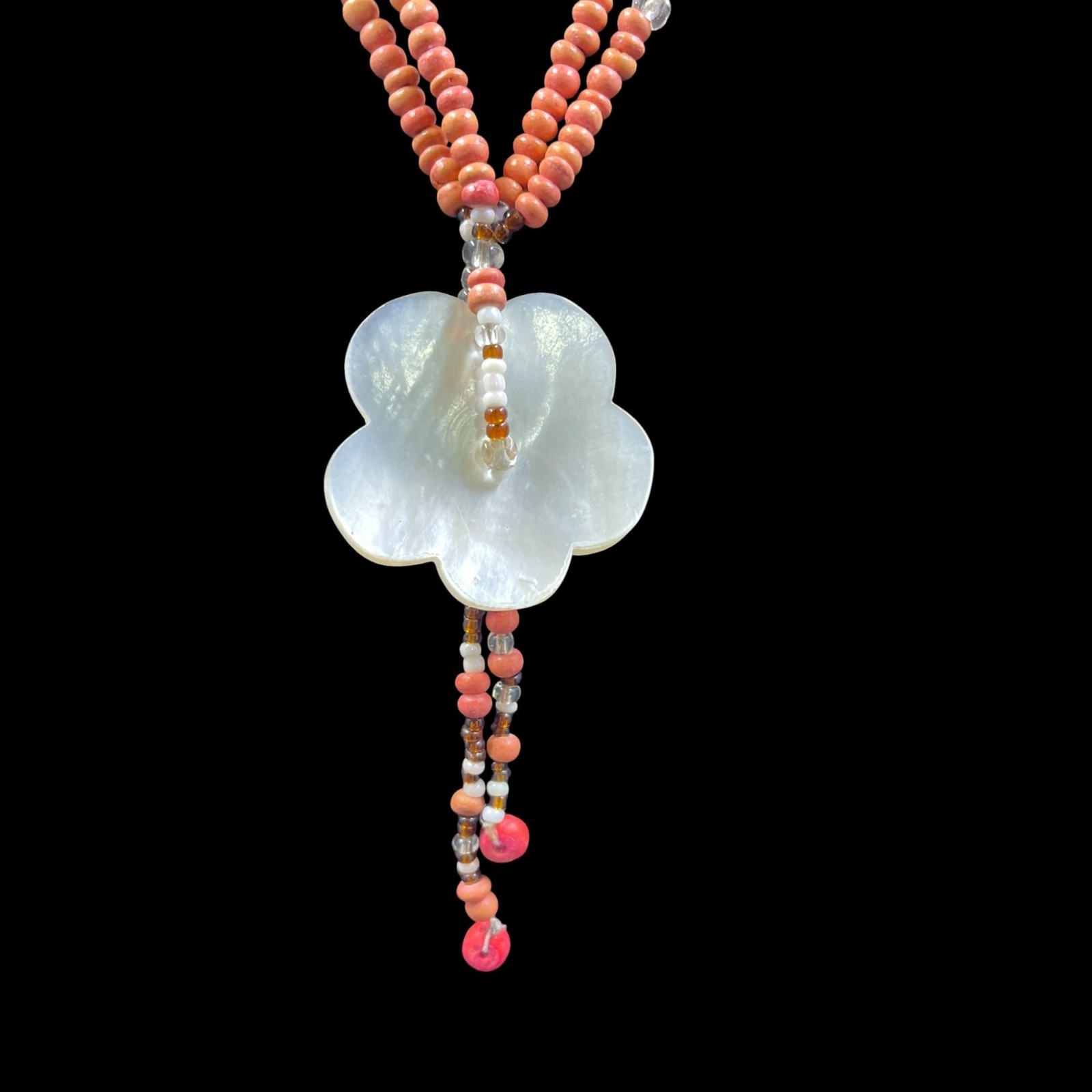 Bohemian Coral Beaded Necklace Mother Of Pearl Flower Pendant Vintage Cottagecor