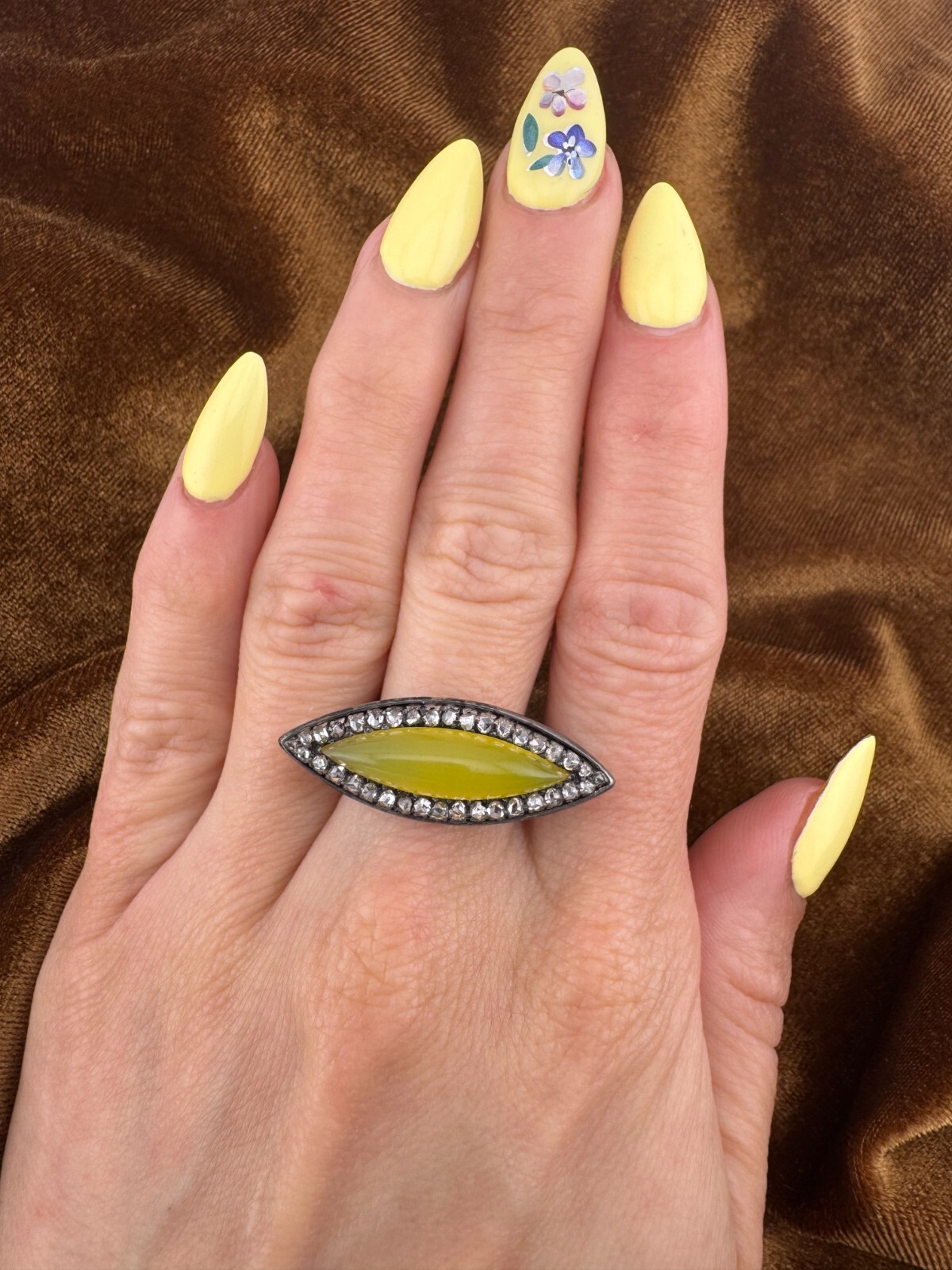 Art Deco Vintage 925 Sterling Silver Rose Cut Diamond Ring with Yellow Gemstone