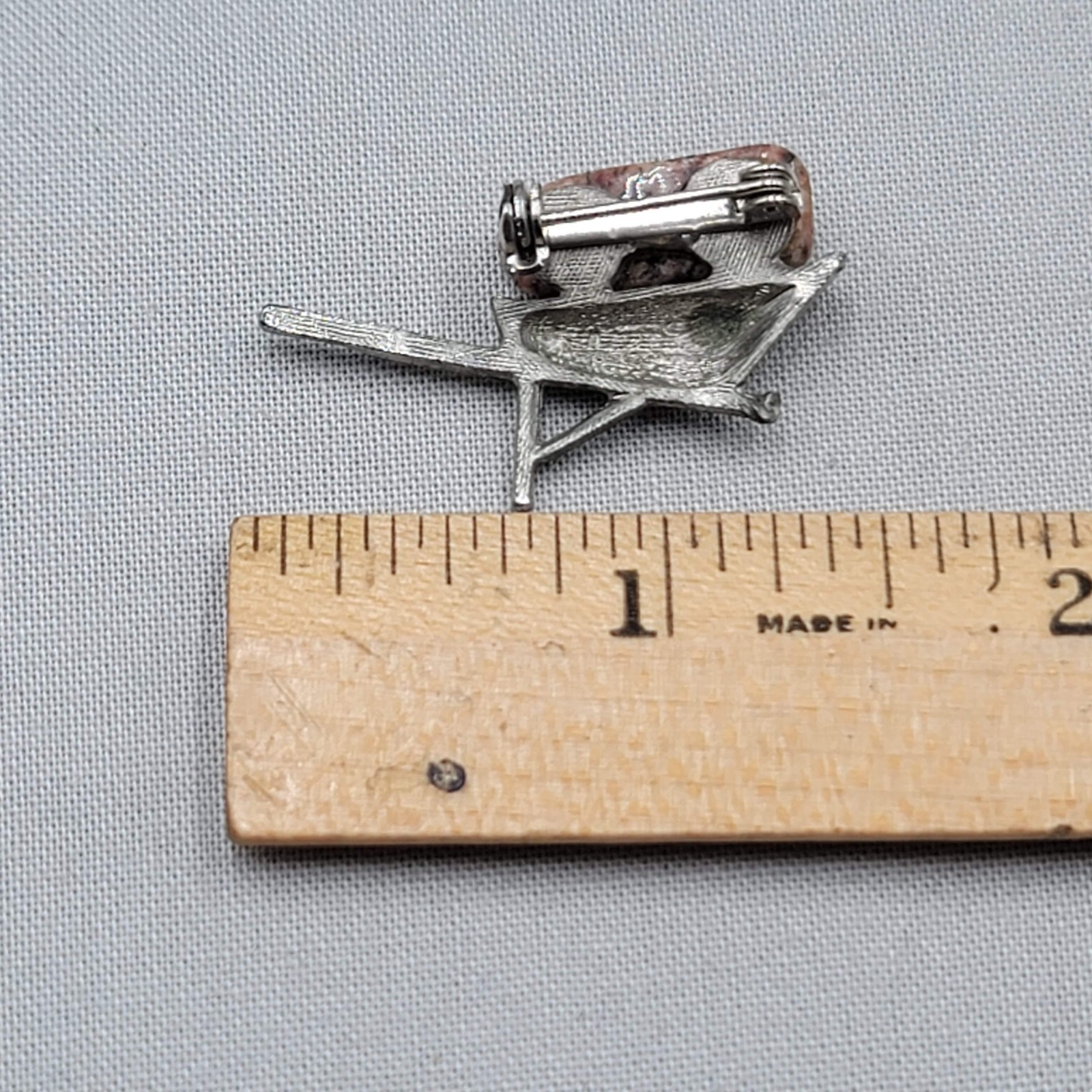 Vintage Pink Jasper Polished Stone Wheelbarrow Brooch Silver tone 1.5″
