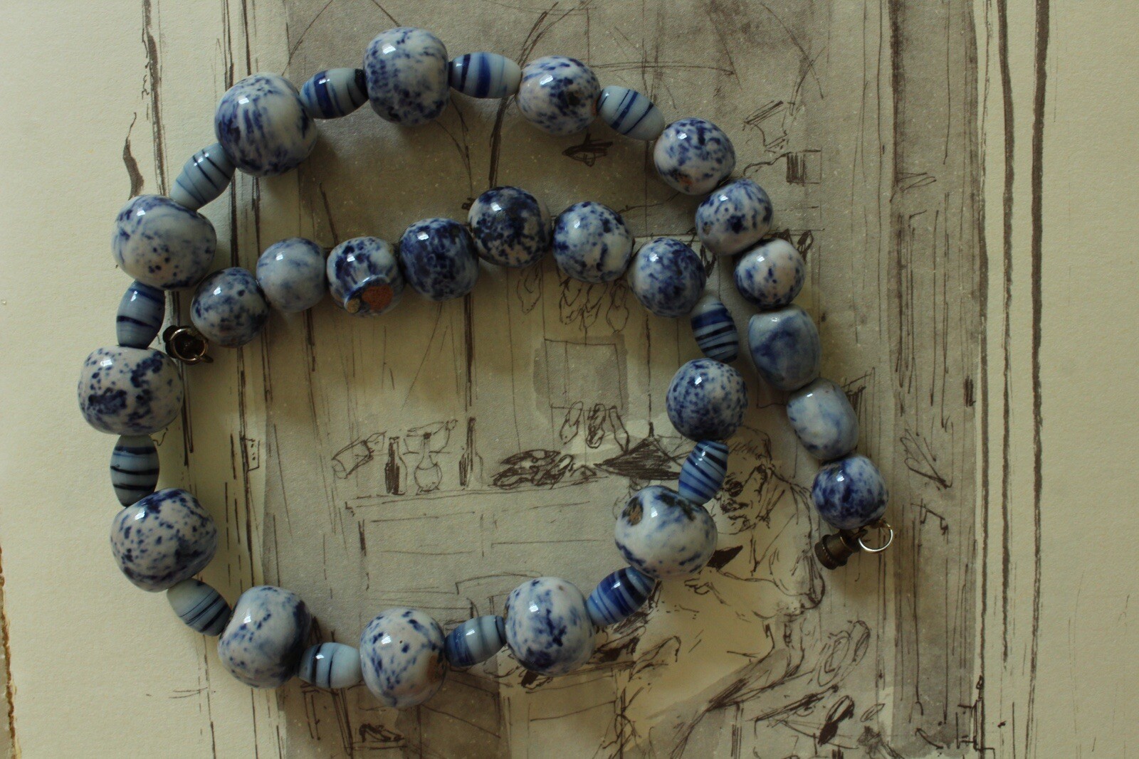 Vintage Blue Ceramic Beads With Murano Blue Spacer Necklace, 17.5” Long 45CM