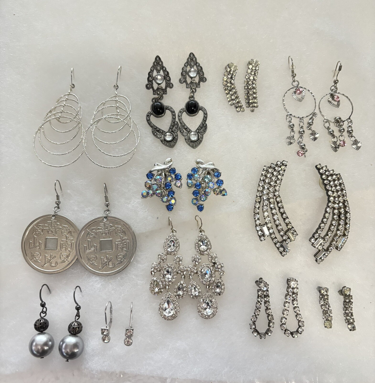 Estate Find Lot Of Silver Tone Earrings Drop-Dangle X 12 Pr