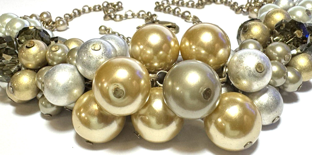 Vintage Necklace SIGNED LIA SOPHIA Chain Cluster Beaded Glass Faux Pearl Gold 8
