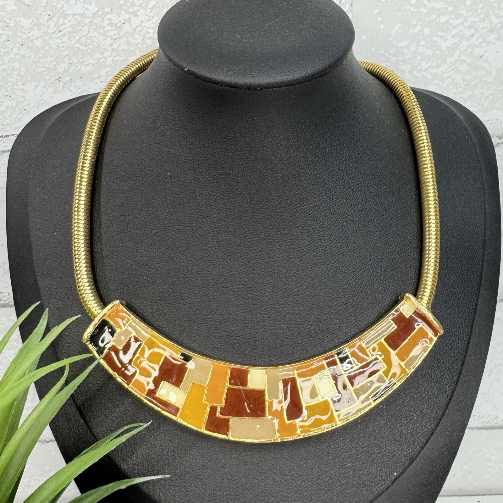 Vintage Neutral Tone Mosaic Enamel Gold Tone Necklace Tan Brown Yellow Orange