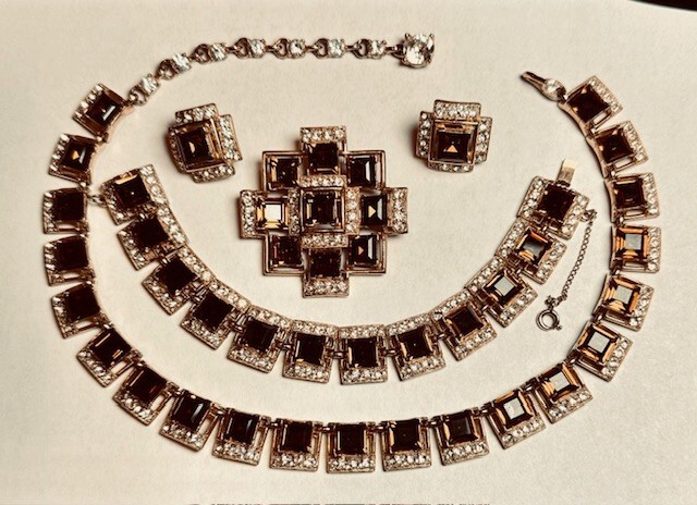 Bogoff “Tawny Topaz” Swarovski Emerald Cut Gold Plate Parure