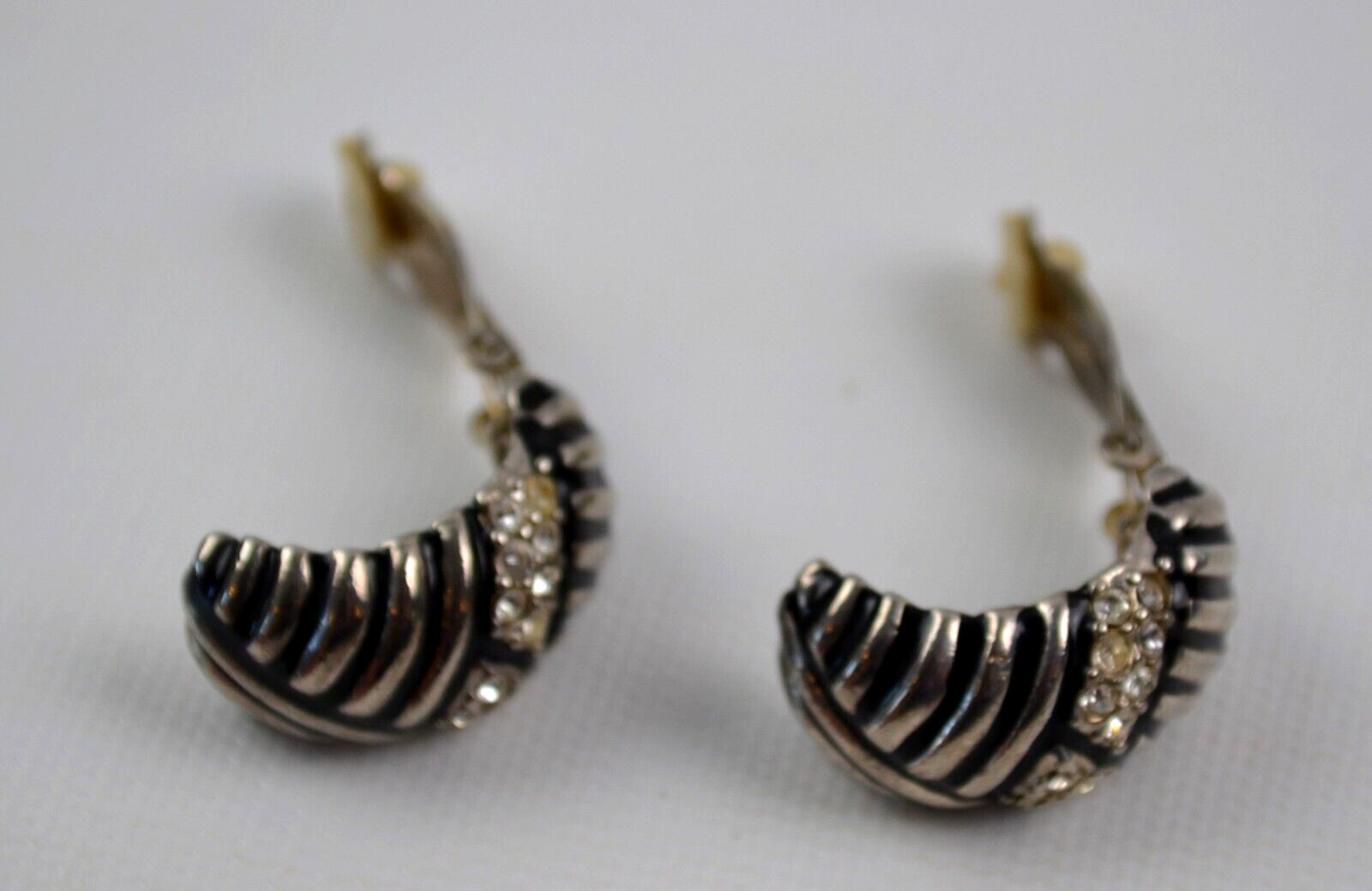 Vintage Silver Tone & Black Clip On Earrings with Clear Rhinestones 1.25″