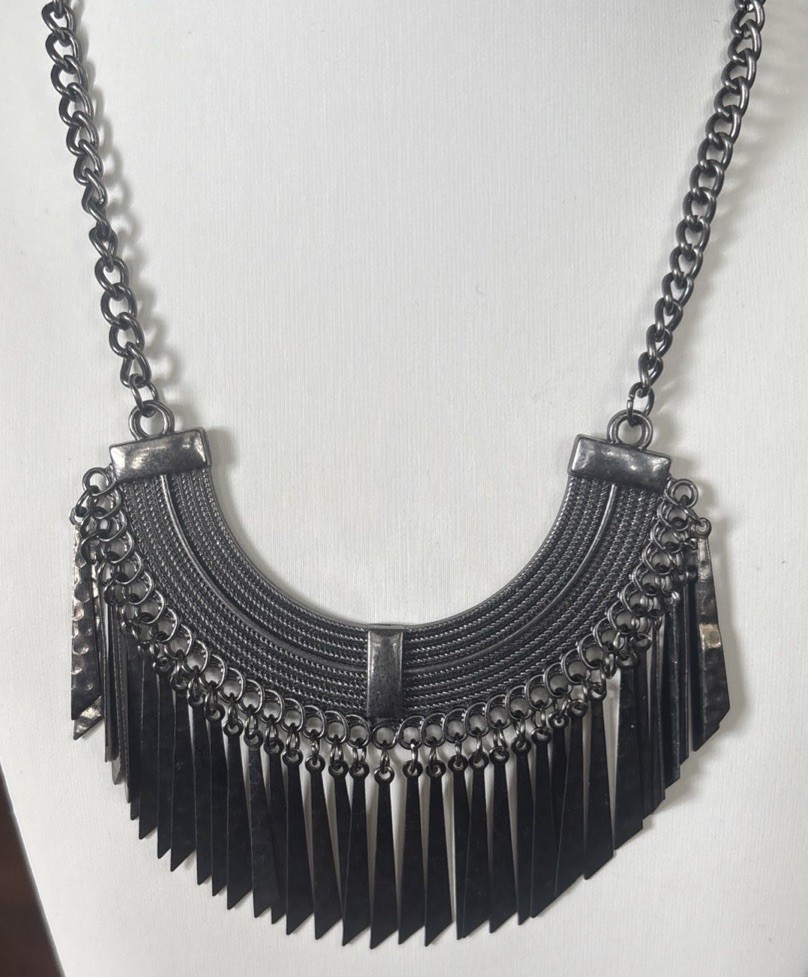 Vintage Brutalist Gun Metal Fringe Collar Necklace Bib Statement Ethnic Boho