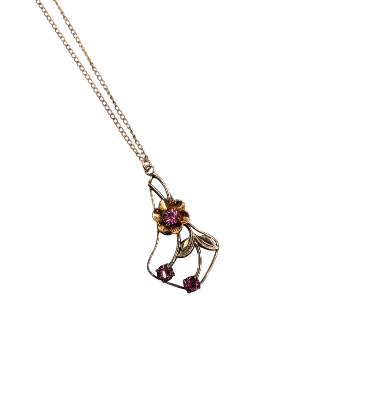 Antique 1/20 12k Gold Filled Pink Paste Stones 1 1/4″ Pendant Necklace 18″ Chain
