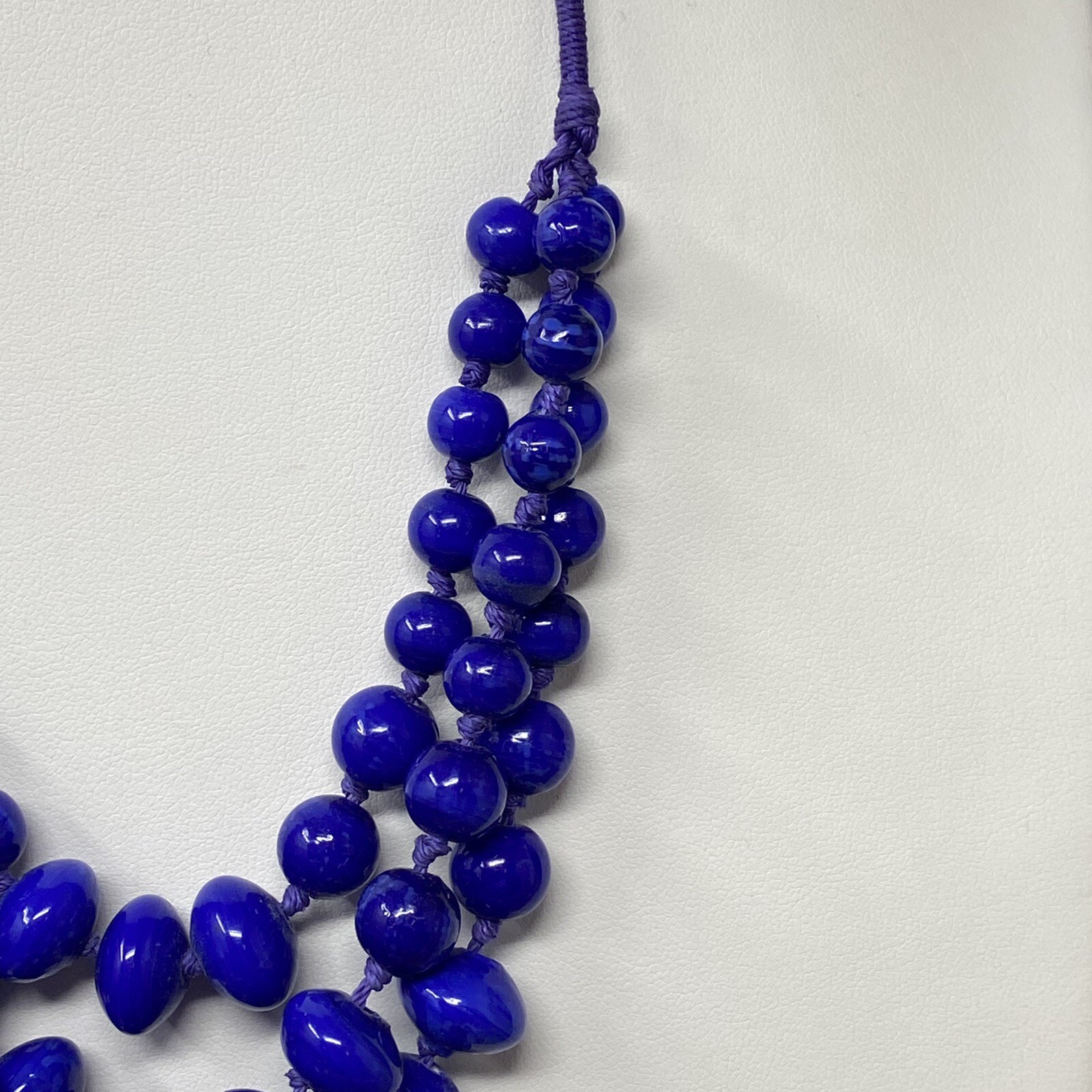 VTG Ceramic Bead Necklace Blue Marble Hand Knot Cord Chain Multi Strand Boho 21″