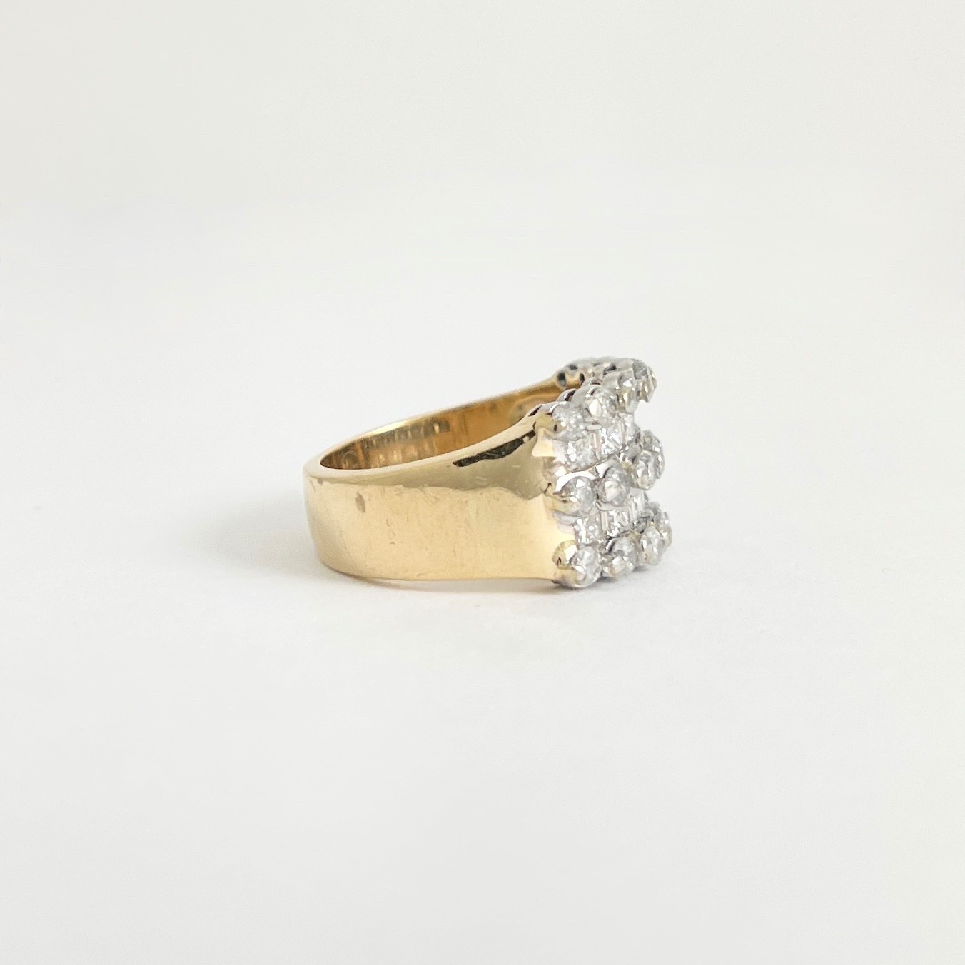Vintage Wide Two-Tone Multishape Diamond Ring 14K White Yellow Gold, 8.88 Grams