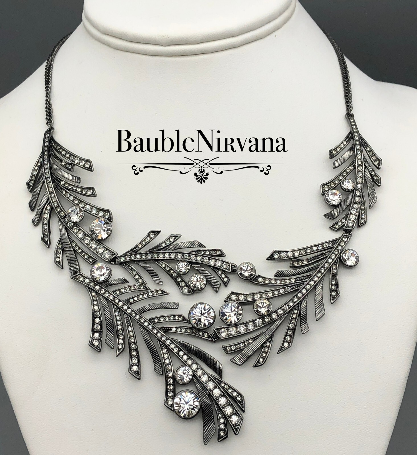 Givenchy Gun Metal & Rhinestone Textured Leaves Statement Bib Necklace WOW!!