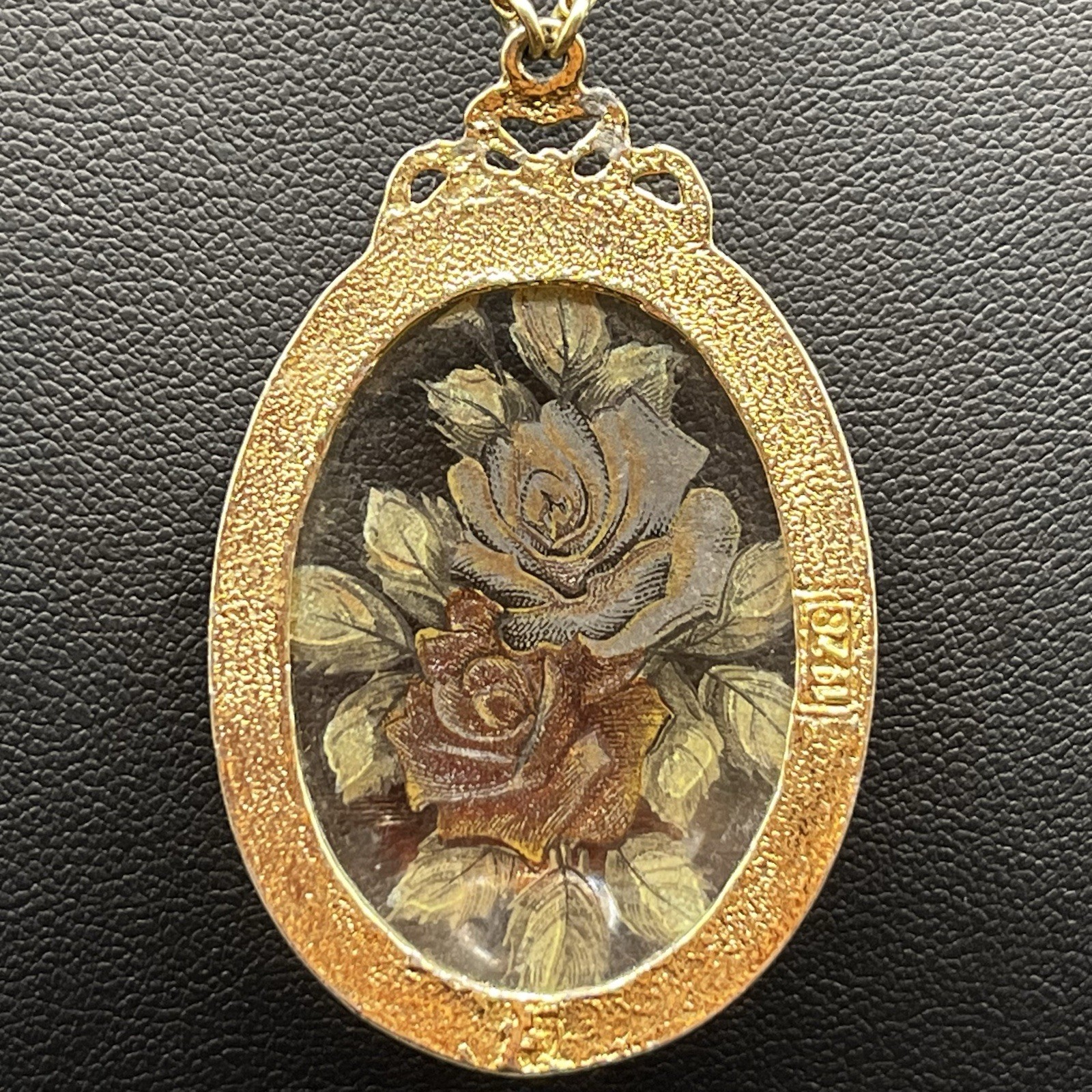 1928 Jewelry Victorian Style Rose Pendant Necklace Gold Tone Glass *READ NOTES