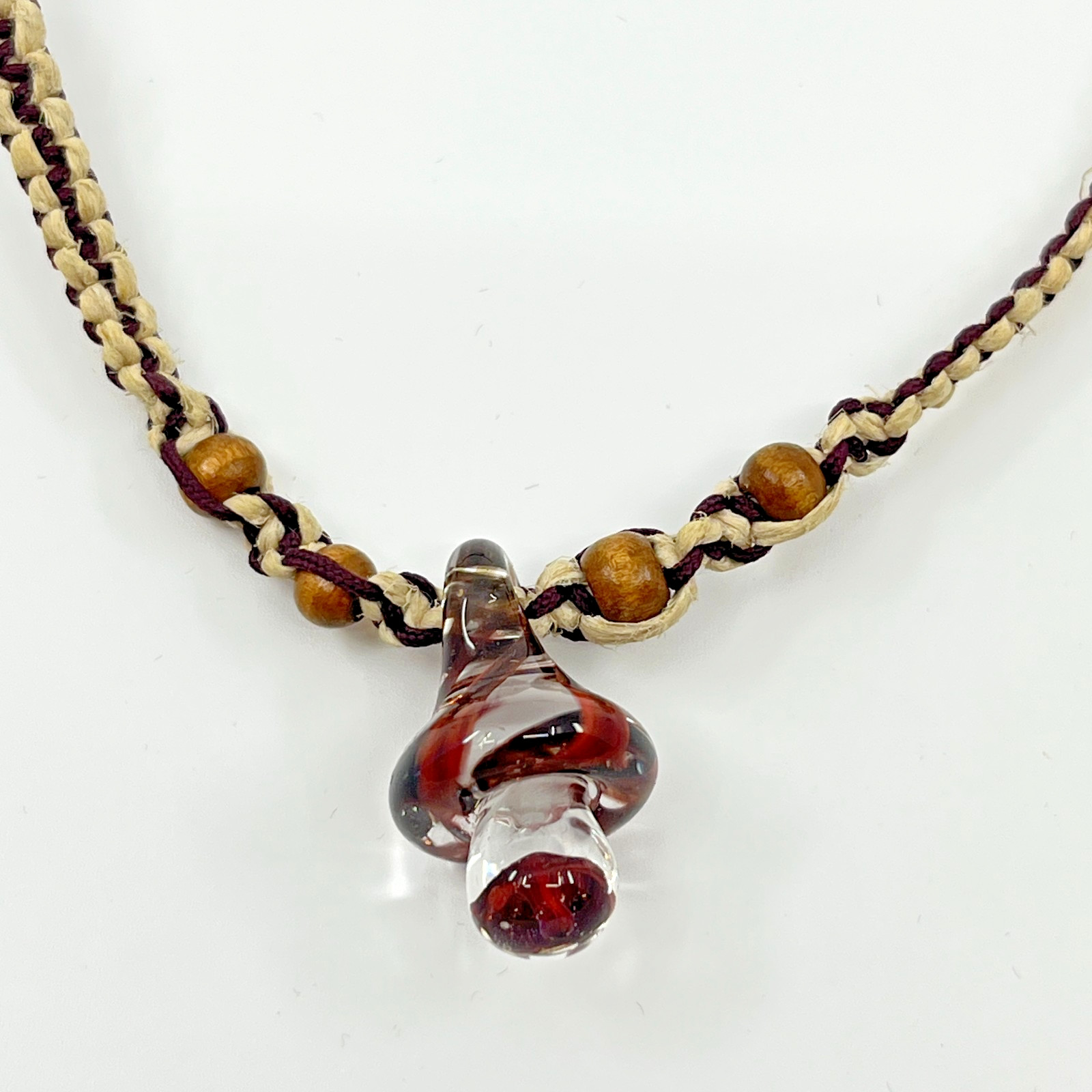Vintage Retro Boho Hemp Choker Red Swirl Glass Mushroom Pendant Wooden Beads