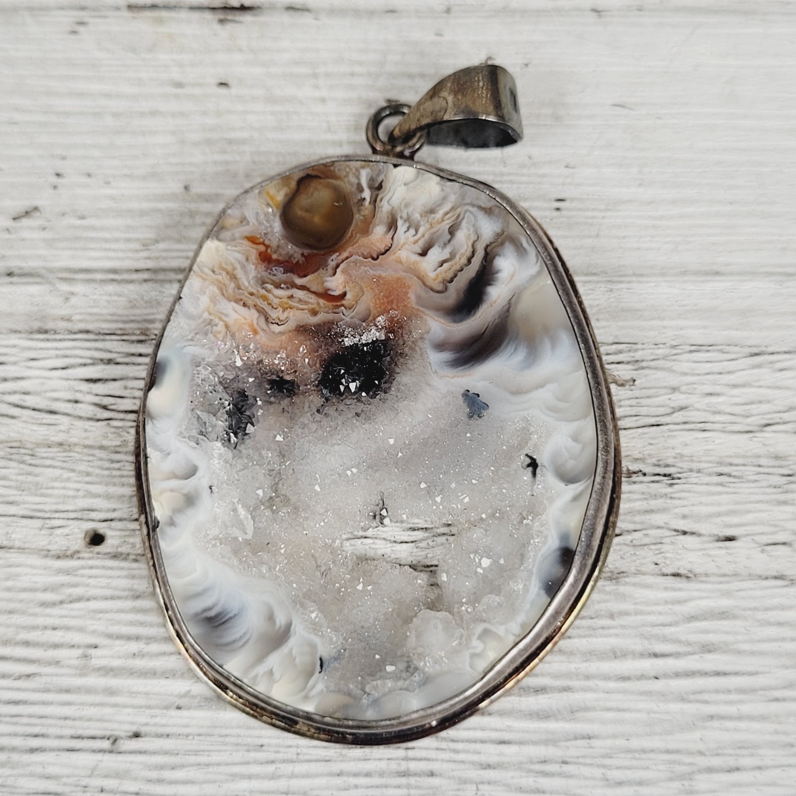 VINTAGE GEODE SLAB DRUZY STERLING SILVER 925 PENDANT RETRO SOUTHWEST PRETTY