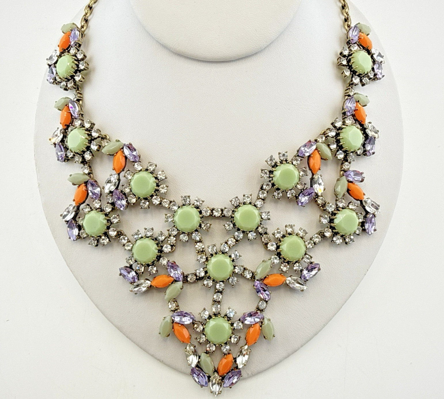 J Crew Necklace Bib Chunky Green Orange Bold Festoon Floral Rhinestone Statement